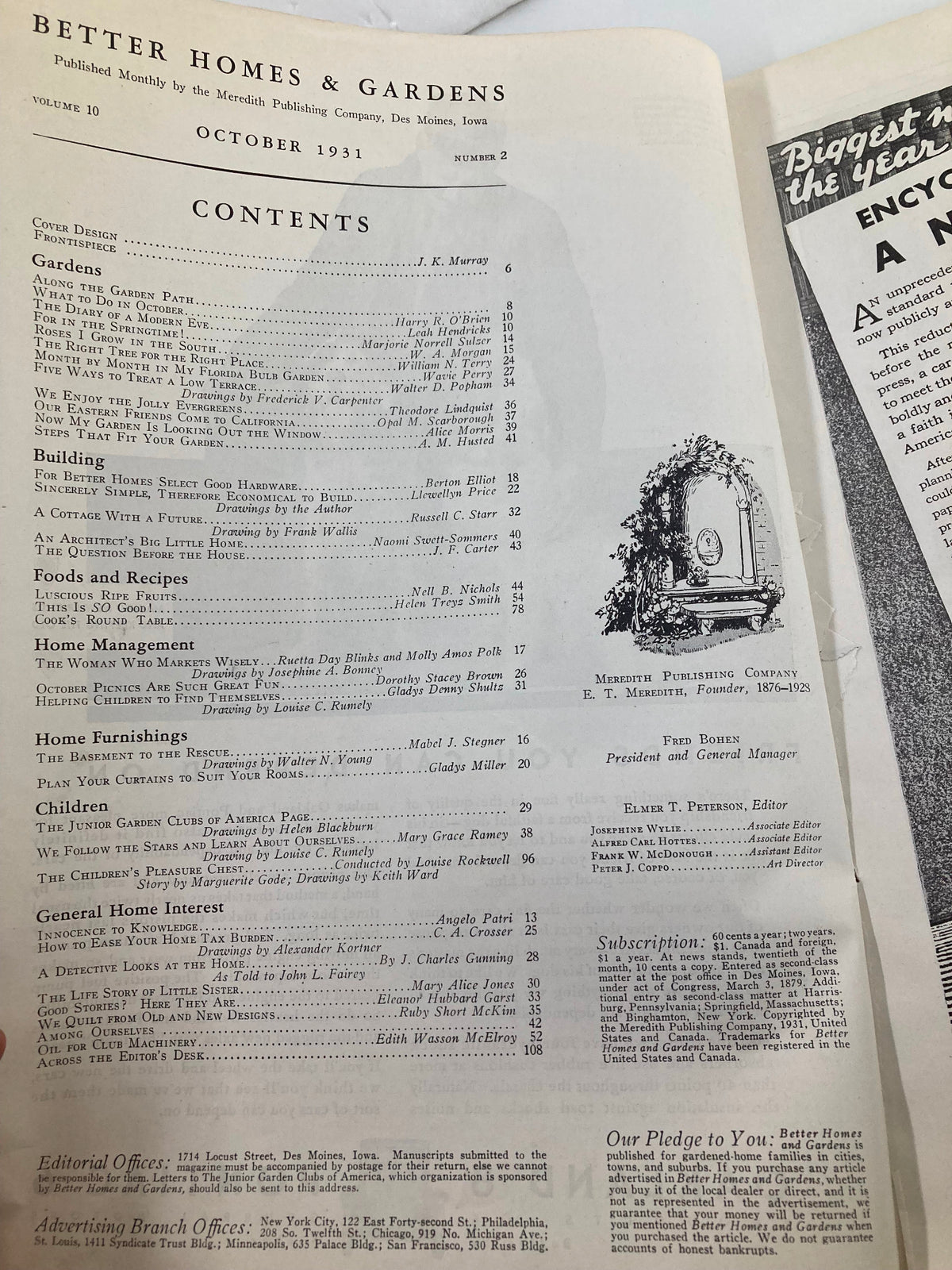 Contents page of VTG Better Homes & Gardens Magazine October 1931, listing articles and features for that month.