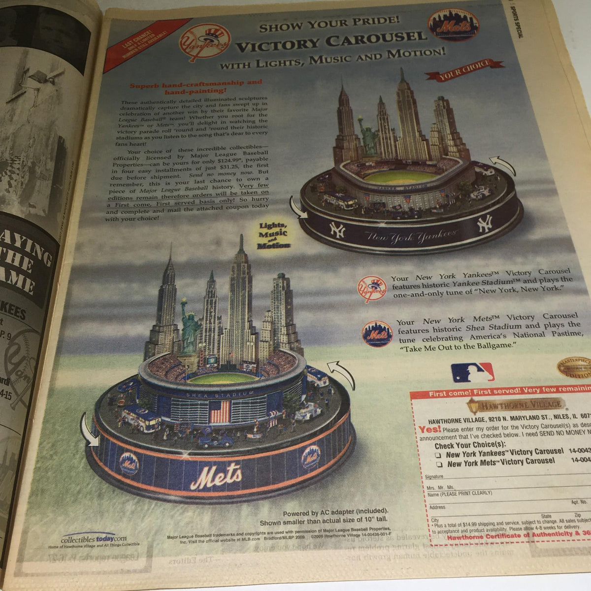 New York Daily News April 29 2009 The Heat Is On ad for the Victory Carousel featuring the New York Yankees and Mets, showcasing a model stadium with lights and music.