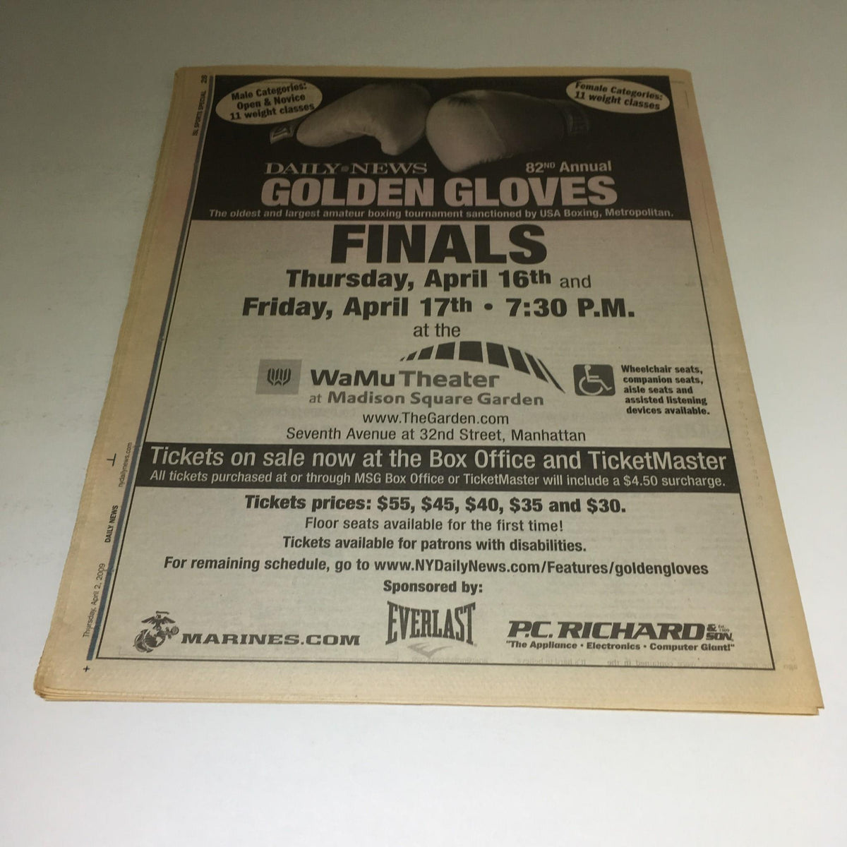 New York Daily News April 29 2009 The Heat Is On advertisement for the 82nd Annual Golden Gloves boxing tournament, detailing event dates and ticket prices for the finals at Madison Square Garden.