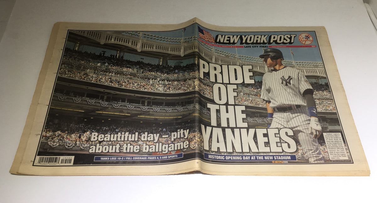 Cover of the New York Post titled 'Pride of the Yankees' featuring an image from a historic baseball game at the new Yankee Stadium, showcasing fans in the stands and a player in Yankees attire.