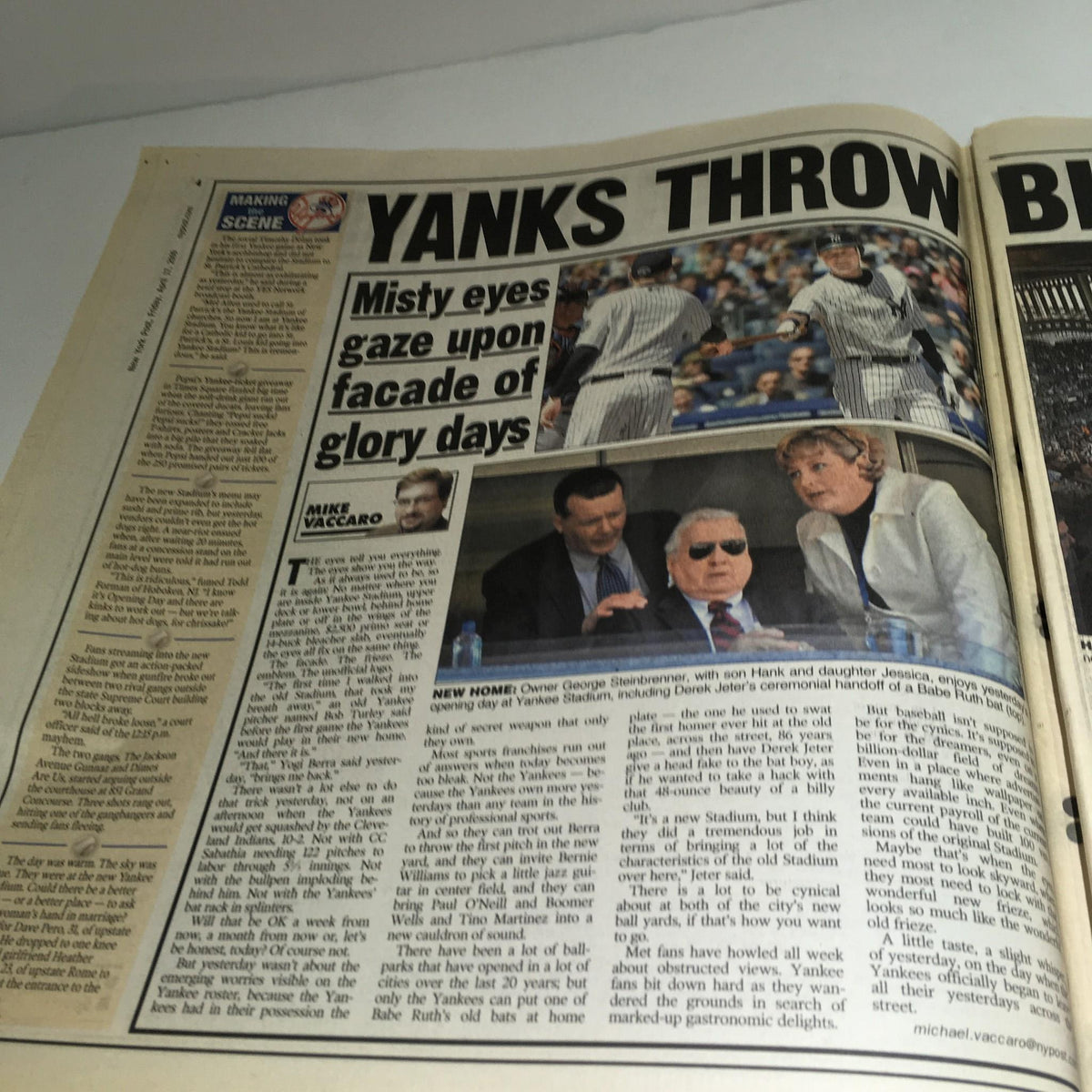 Inside page of the April 17, 2009 New York Post, titled 'Yanks Throw,' discussing reflections on the New York Yankees history and their new stadium.