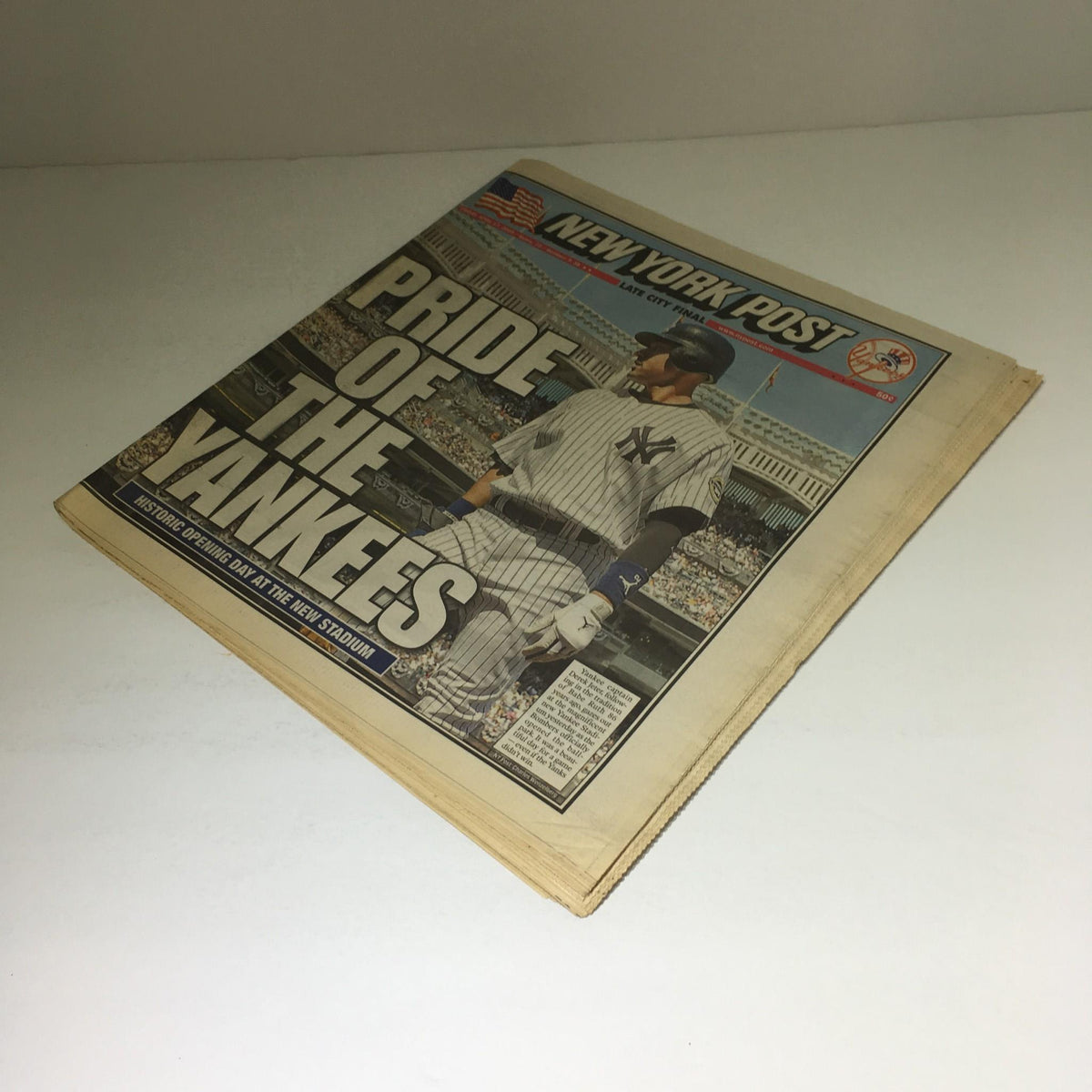 Image of the New York Post from April 17, 2009, featuring the cover story 'Pride of the Yankees', showcasing a baseball player in a Yankees uniform in front of a packed stadium.