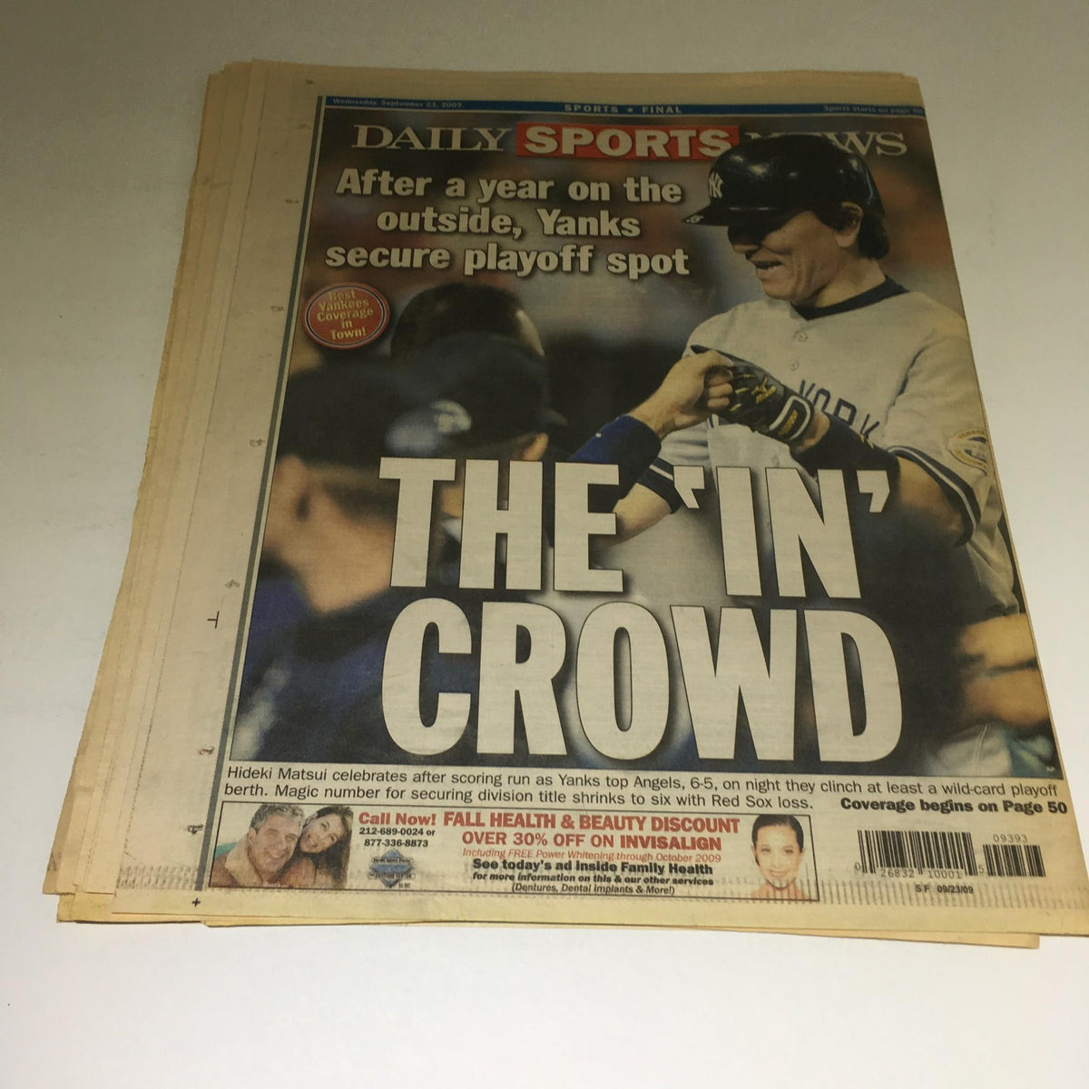 Another cover of the NY Daily News sports section discussing Yankee playoffs with the headline 'THE IN CROWD' dated September 23, 2009.