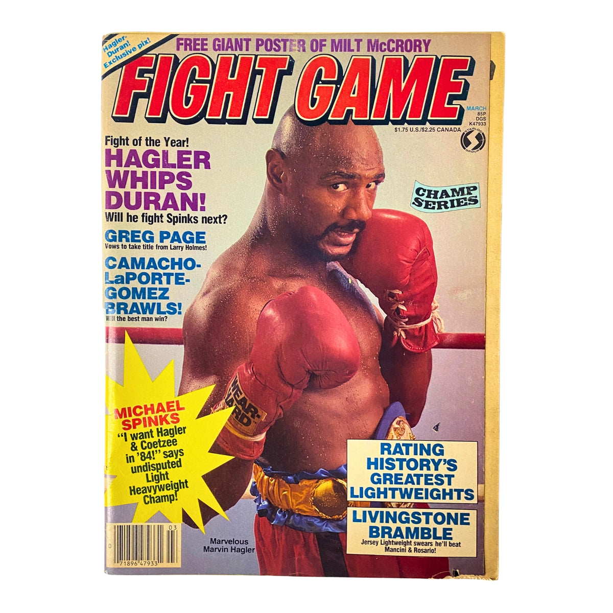 Cover of Fight Game Magazine March 1984, No. 12 featuring Marvelous Marvin Hagler with the headline 'Hagler Whips Duran!' and additional content highlights including 'Greg Page' and Michael Spinks commentary.