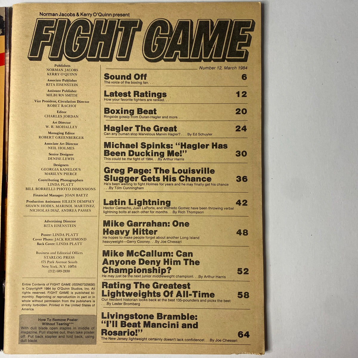 Inside page of Fight Game Magazine March 1984, No. 12 displaying the table of contents which lists various articles like 'Sound Off', 'Latest Ratings', and features on boxers such as Greg Page and Livingstone Bramble.