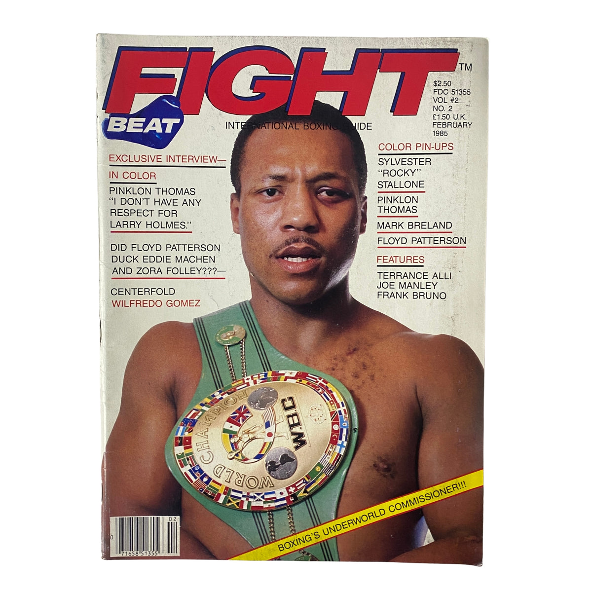 Fight Beat Magazine February 1985 Vol 2 No. 2 featuring Pinklon Thomas on the cover. The cover showcases the WBC Heavyweight Champion with a championship belt, highlighting exclusive interviews and features on boxing legends.
