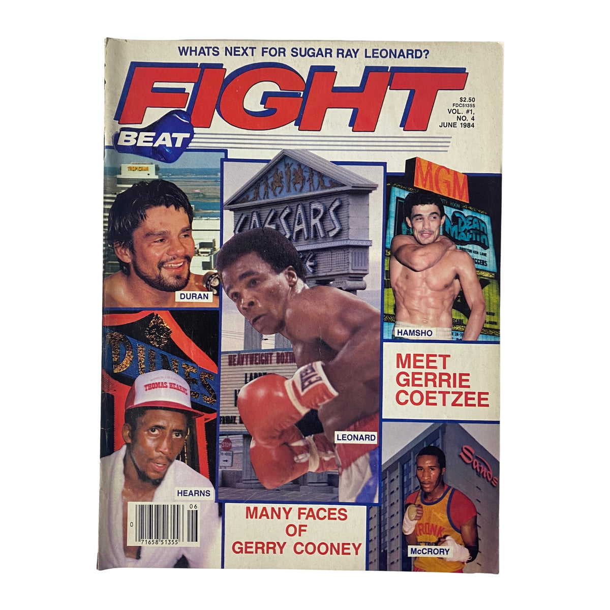 Fight Beat Magazine cover from June 1984 featuring Sugar Ray Leonard and Roberto Durán, with additional highlights including 'What’s Next for Sugar Ray Leonard?' and 'Many Faces of Gerry Cooney.' The magazine captures a pivotal moment in boxing history.