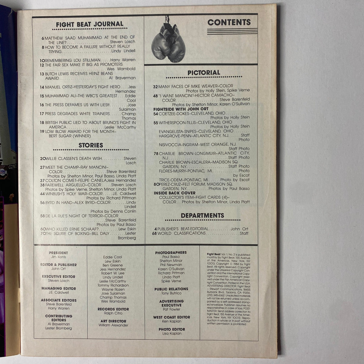 Inside page of Fight Beat Magazine, February 1984 featuring 'Fight Beat Journal' contents including articles on Matthew Saad Muhammad, Ray Mancini, and Muhammad Ali. This issue is valuable for boxing enthusiasts and collectors.