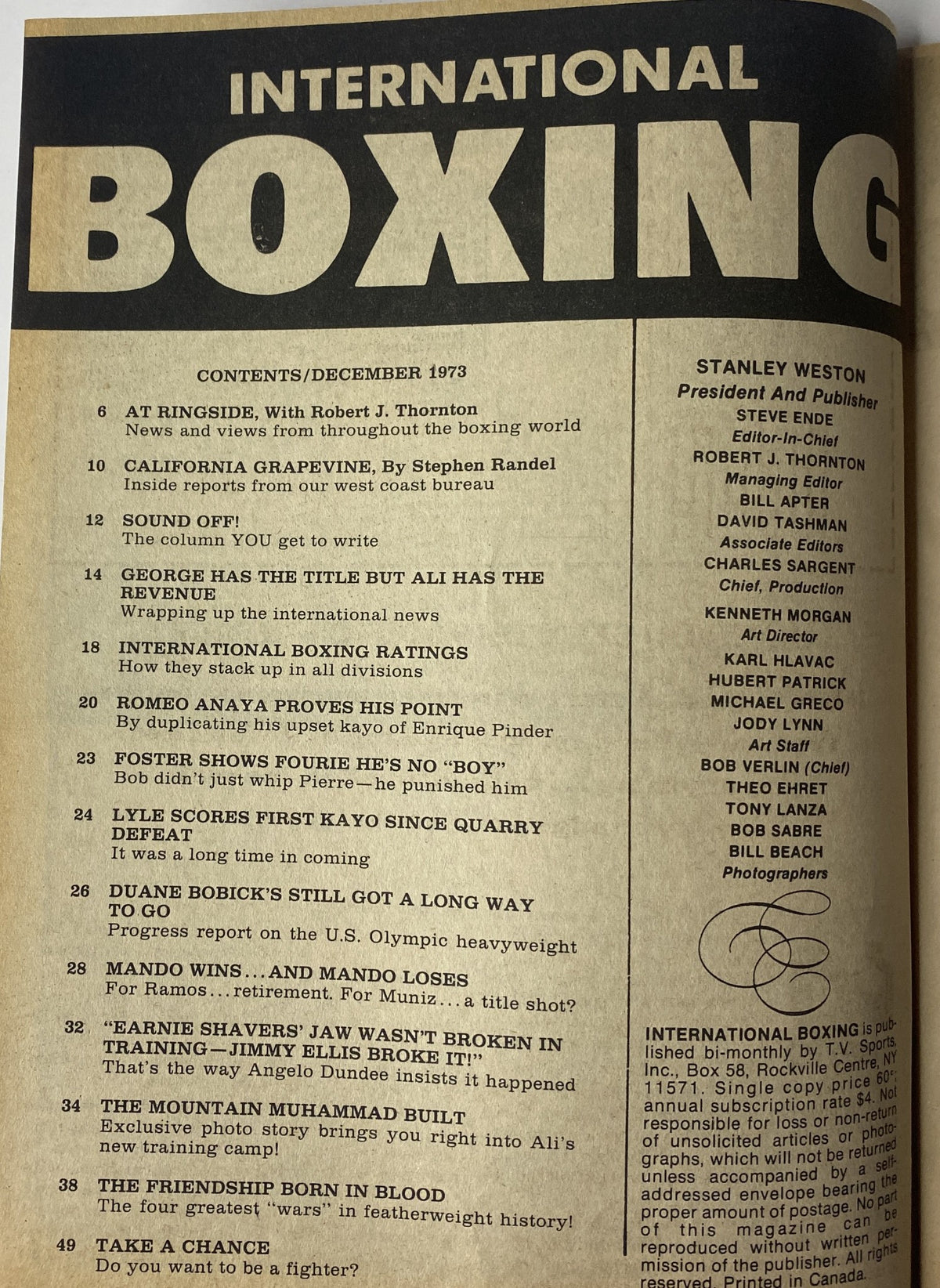 Contents page of International Boxing Magazine, December 1973, detailing articles including 'At Ringside', 'California Grapevine', and 'Sound Off!'}]}   }}
