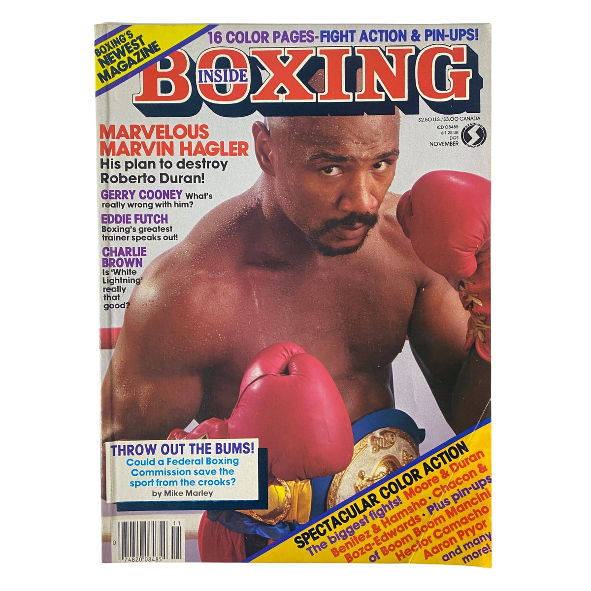 Inside Boxing Magazine cover from November 1983 featuring Marvelous Marvin Hagler, highlighting his plan to defeat Roberto Durán, with text emphasizing boxing news and features.
