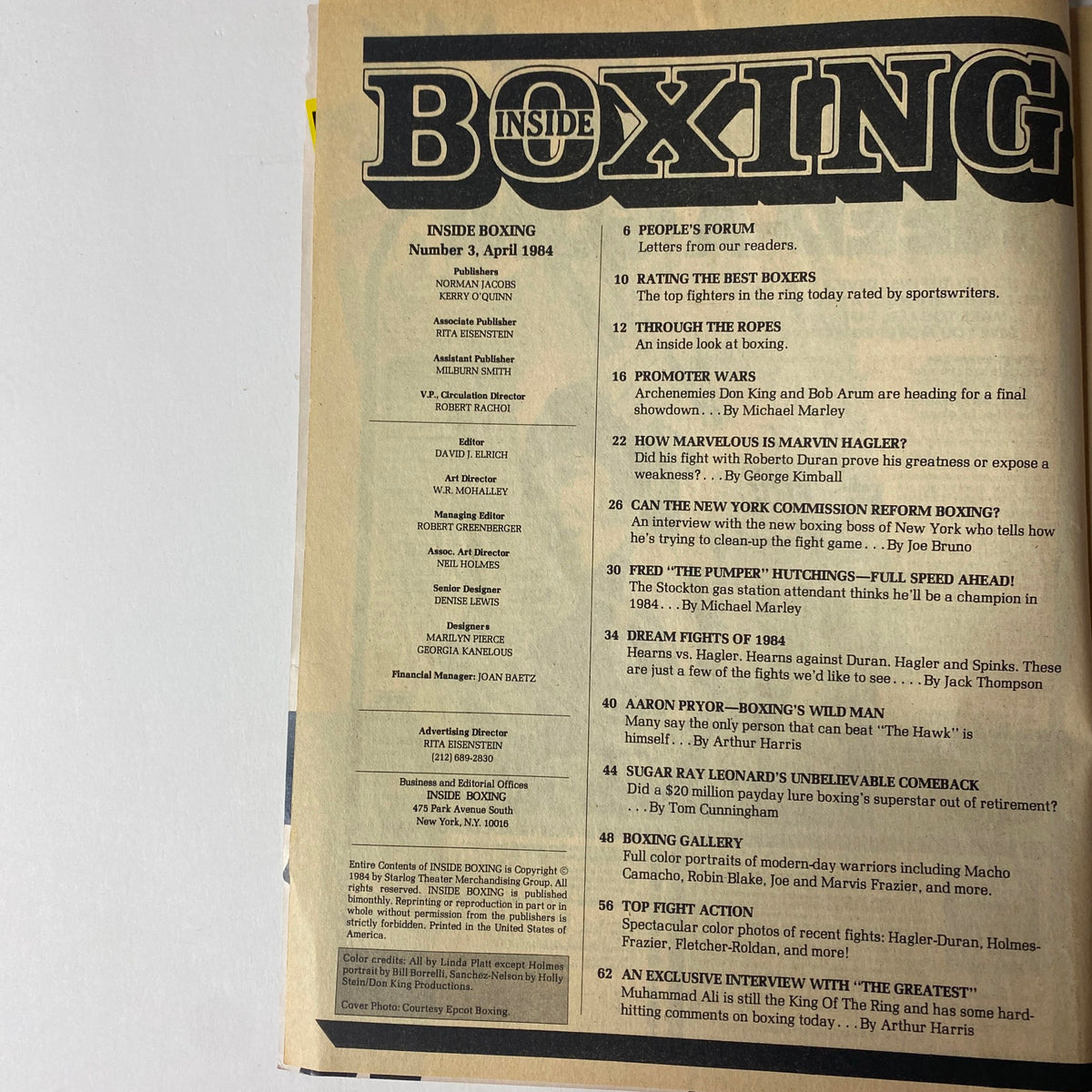 Inside Boxing Magazine - April 1984, No. 3 displaying the contents page with features like 'Promoter Wars' and in-depth articles on notable boxers, showcasing the vibrant history of 1980s boxing.