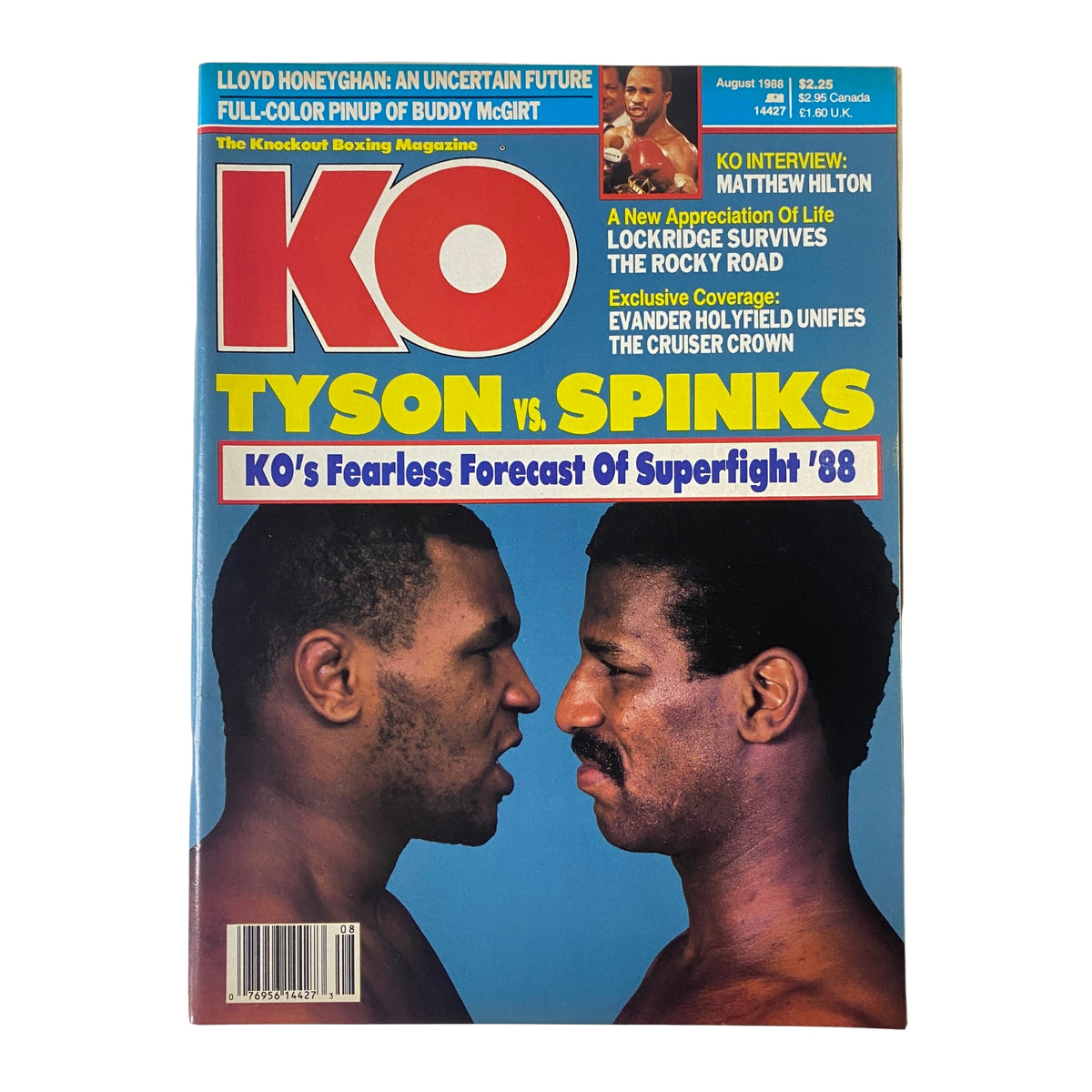KO Boxing Magazine August 1988 cover featuring a face-off between Mike Tyson and Michael Spinks, highlighting their legendary matchup in Superfight '88.