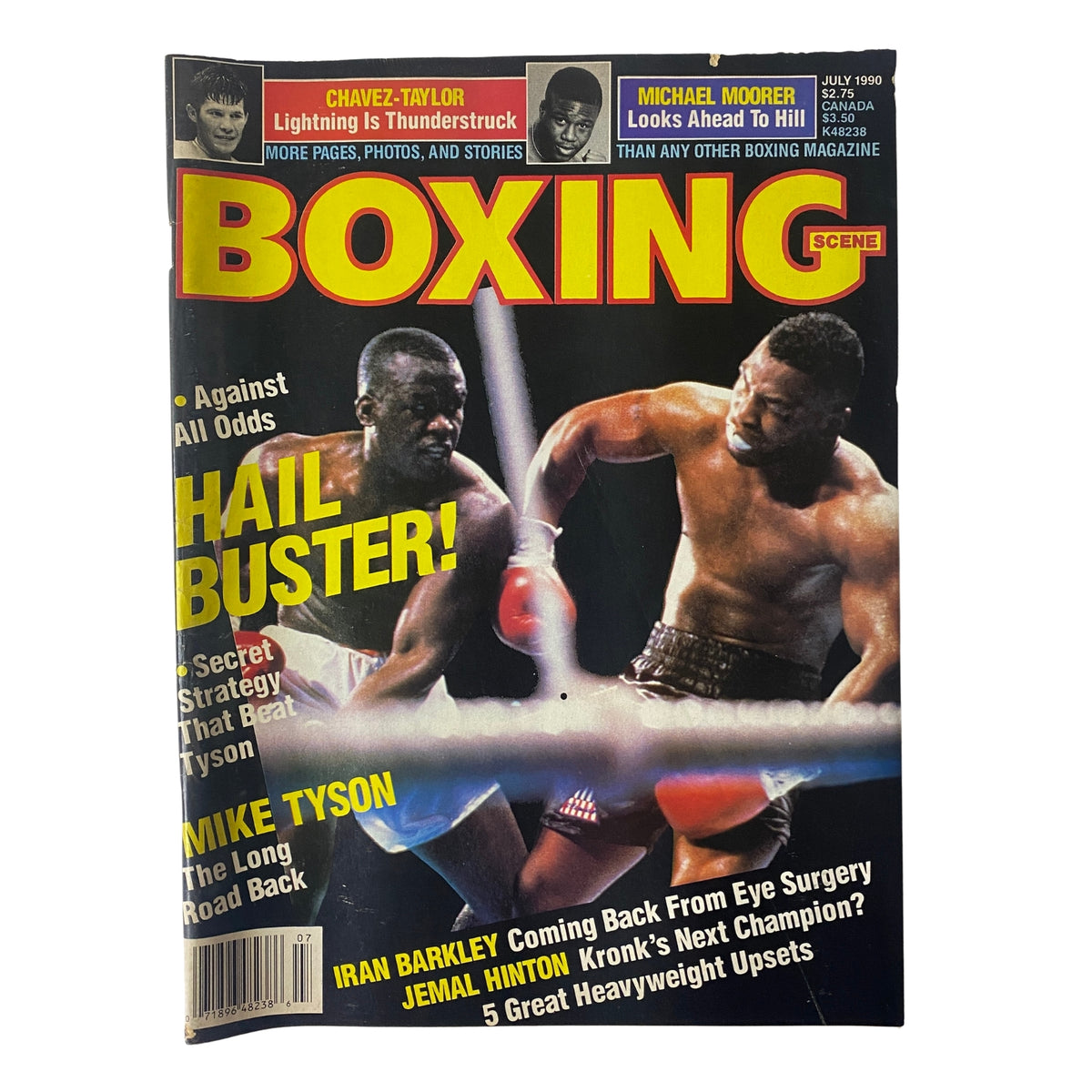 Boxing Scene Magazine July 1990 featuring Mike Tyson and Buster Douglas on the cover, highlighting their boxing match with headlines about Tyson's comeback and Douglas's victory.