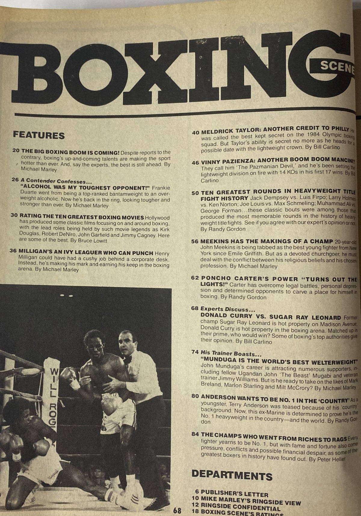 Inside page of Boxing Scene Magazine June 1986 featuring articles including 'The Big Boxing Boom is Coming!' and 'Milligan’s an Ivy Leaguer Who Can Punch'. This issue highlights Mike Tyson's impact on boxing.
