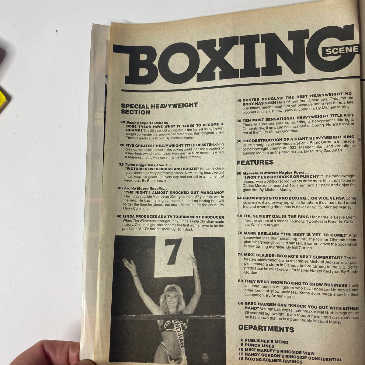 Interior page of Boxing Scene Magazine September 1986 showing 'Special Heavyweight Section' contents including articles about boxing legends and emerging fighters.