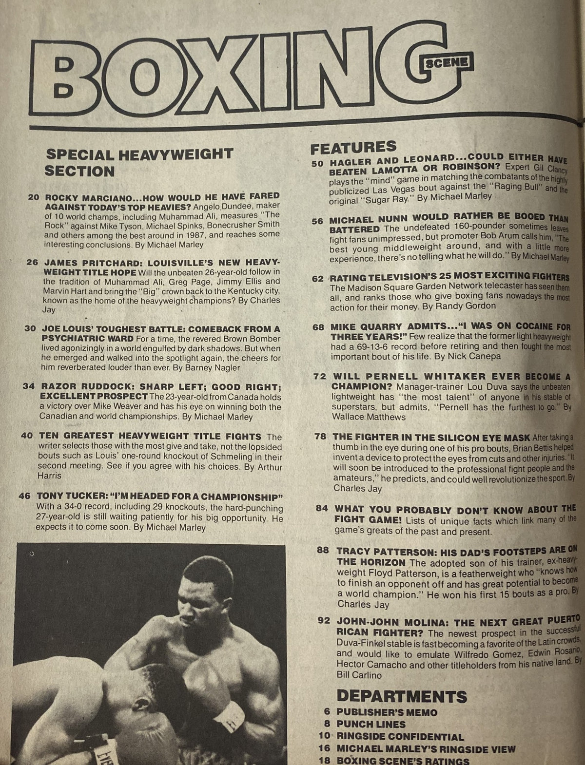 Cover page of Boxing Scene Magazine, June 1987 featuring Rocky Marciano, with a special heavyweight section discussing matchups and historical comparisons, showcasing notable boxing legends and rising stars of the era.