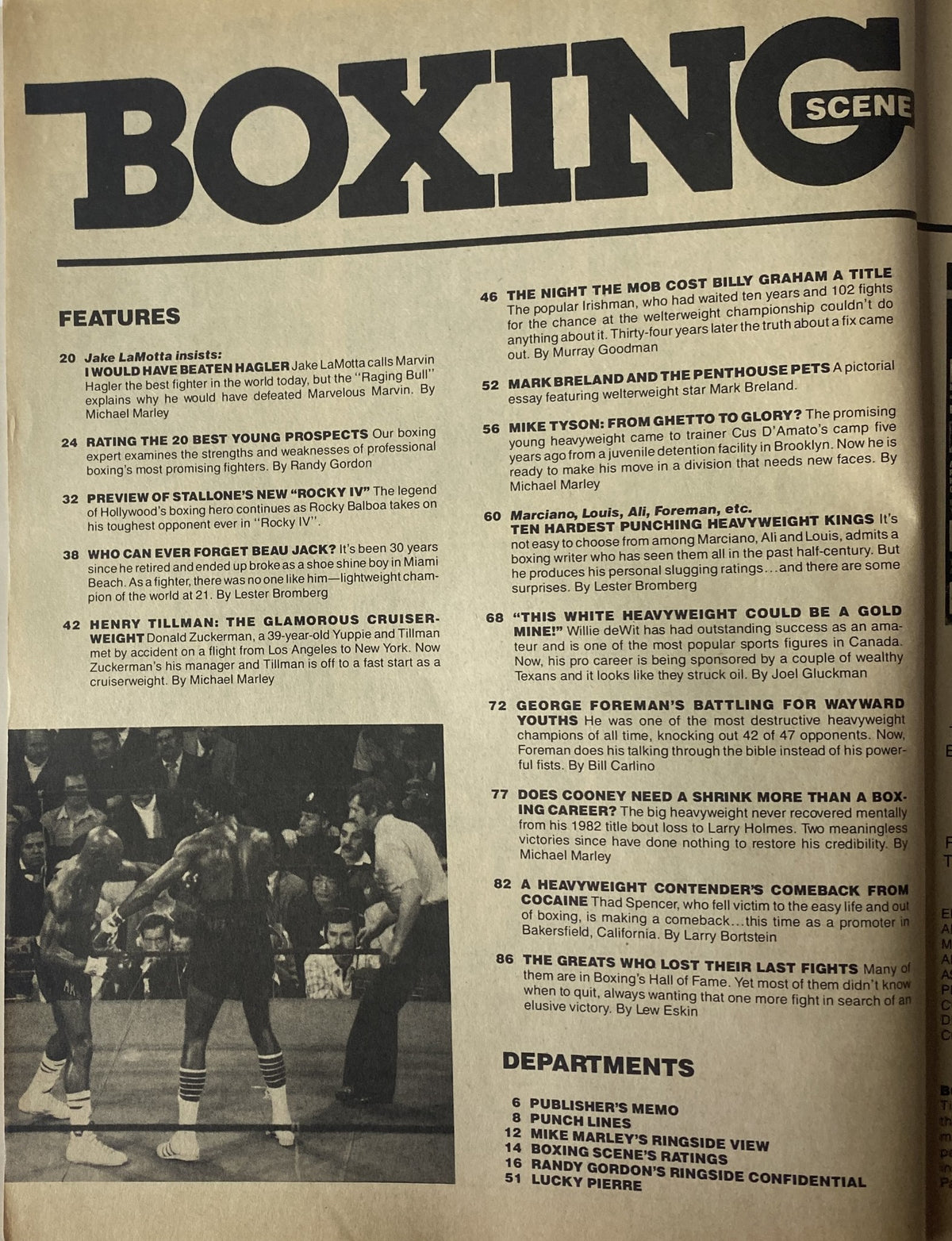 Cover of Boxing Scene Magazine featuring Marvelous Marvin Hagler, December 1980s edition. The magazine showcases various boxing features, highlighting notable articles such as Jake LaMotta's commentary on Hagler and previews of the film Rocky IV.
