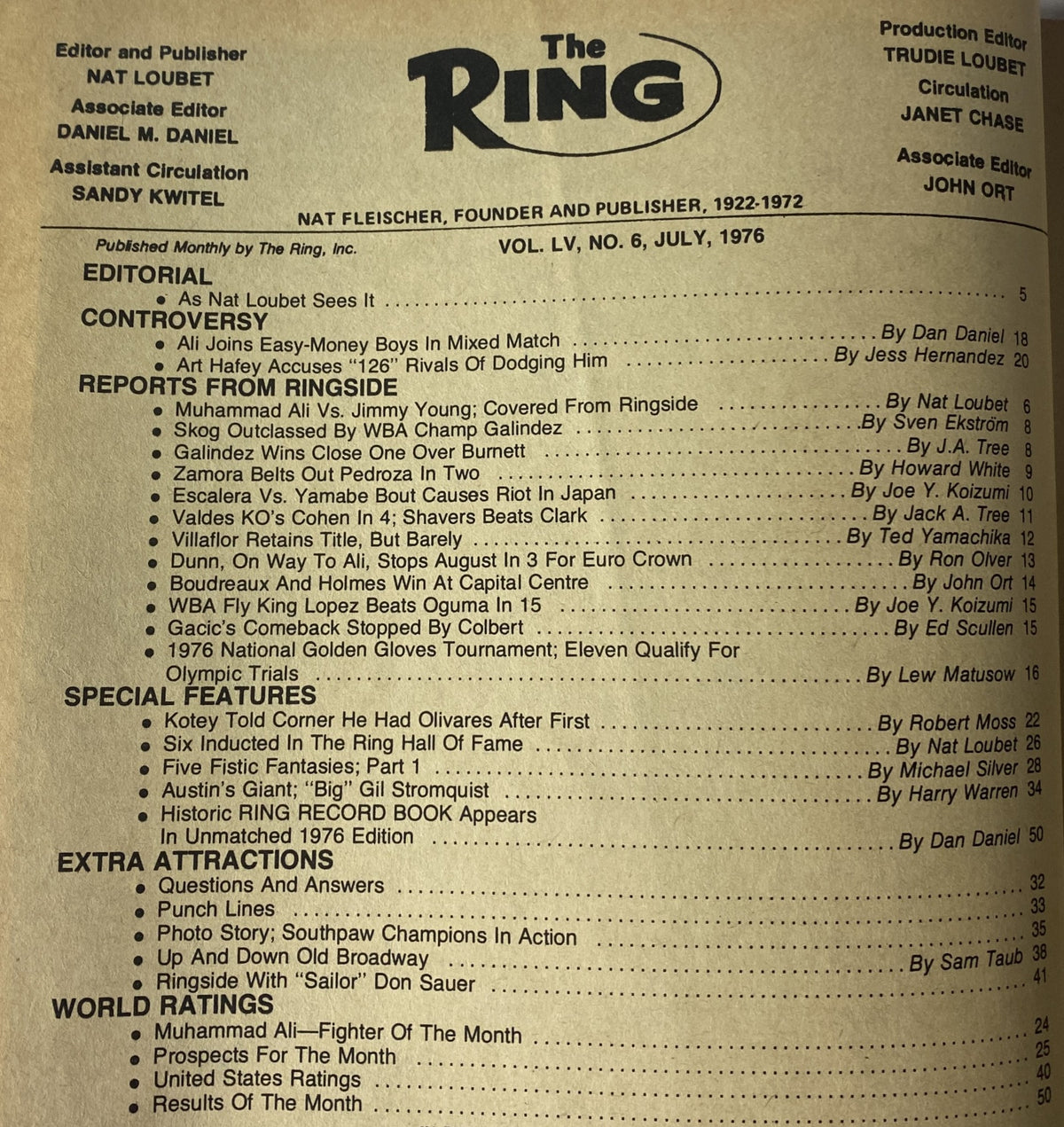 The Ring Magazine July 1976 contents page detailing reports from ringside, special features, and world ratings, highlighting Muhammad Ali's prominence in boxing.