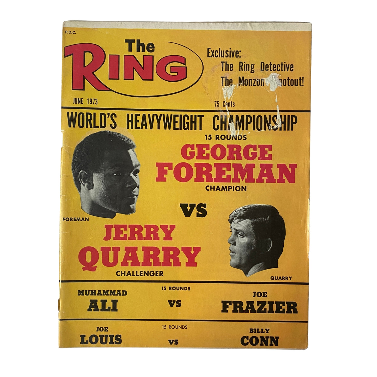 The Ring Magazine June 1973 featuring George Foreman vs Jerry Quarry on the cover, highlighting the World Heavyweight Championship match with bold colors and details.
