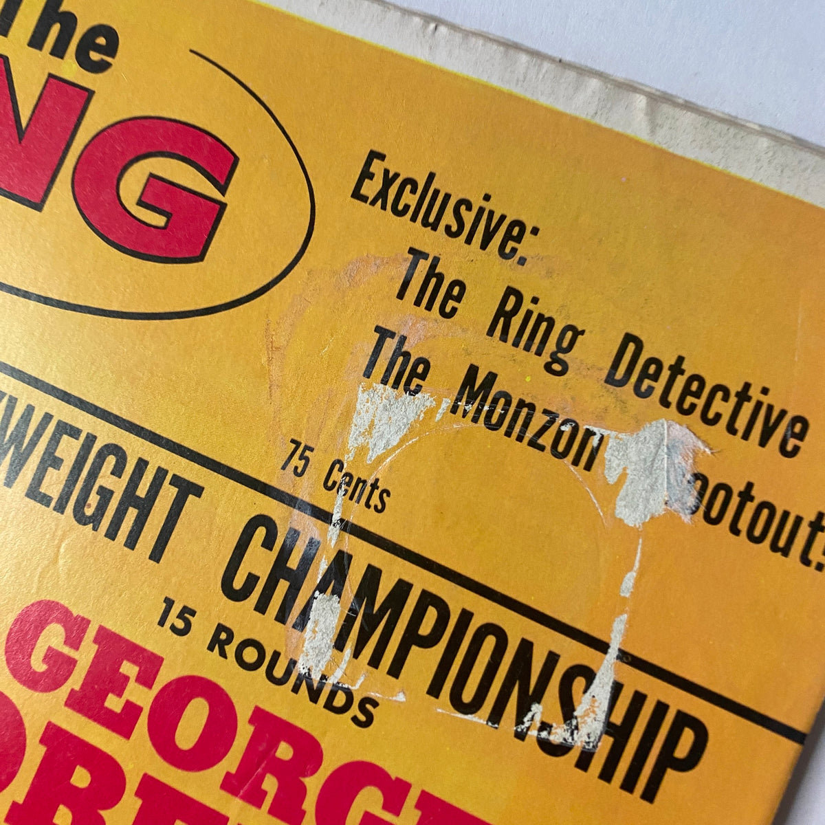 Close-up image of The Ring Magazine June 1973 showing the upper section, emphasizing the exclusive report on The Monzon Shootout and magazine pricing.