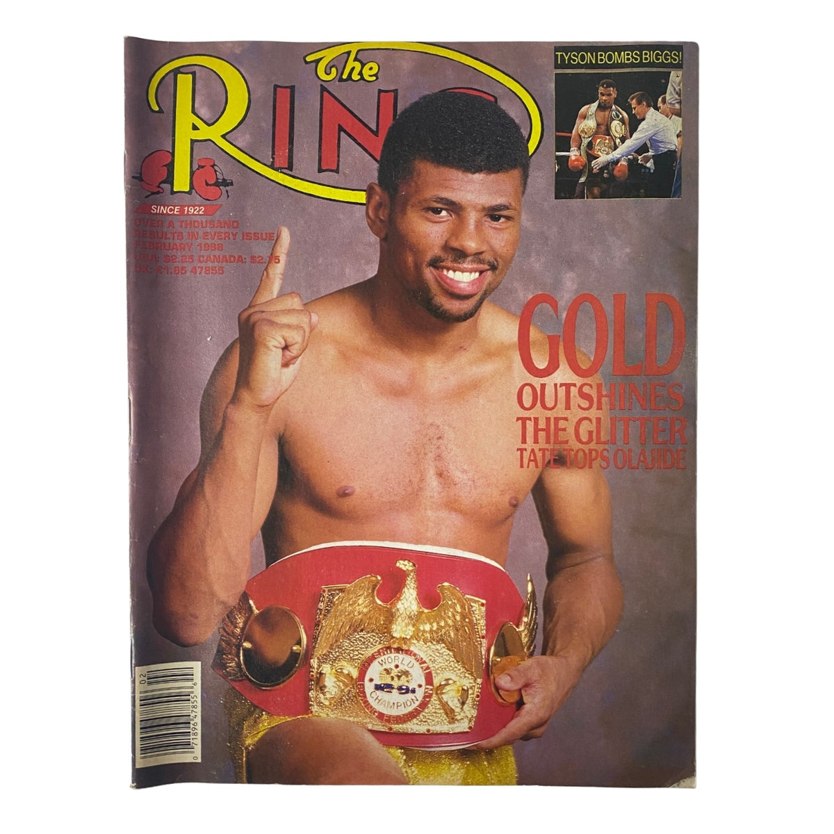 Cover of The Ring Magazine from February 1988 featuring Frank Tate, showcasing him holding a championship belt, with the headline 'Gold Outshines the Glitter'. This vintage boxing magazine highlights major fights and icons from the era, including Mike Tyson.
