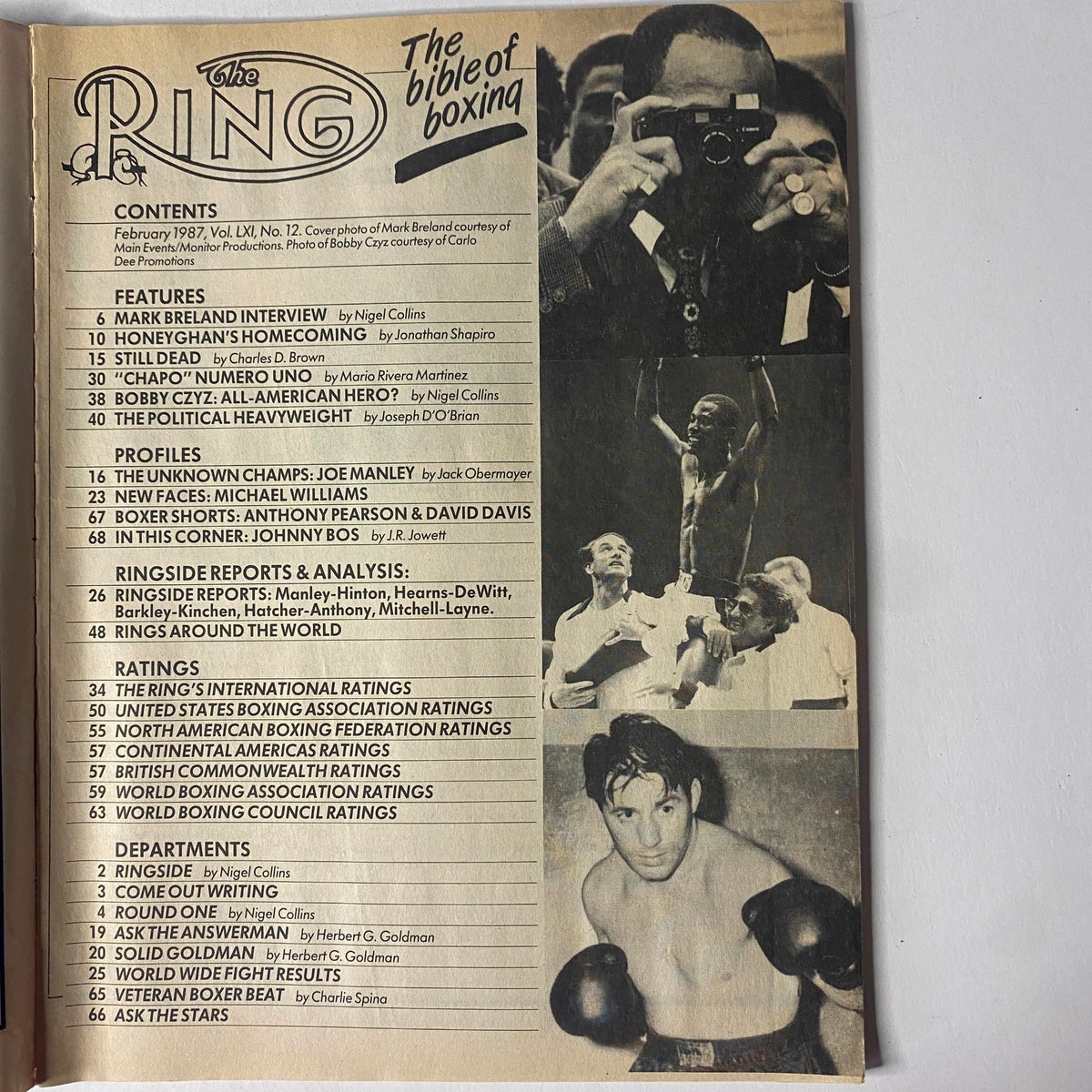 Inside page of The Ring Magazine February 1987, showcasing the table of contents. Highlights include features like 'Mark Breland Interview' and articles on prominent boxers of the time.