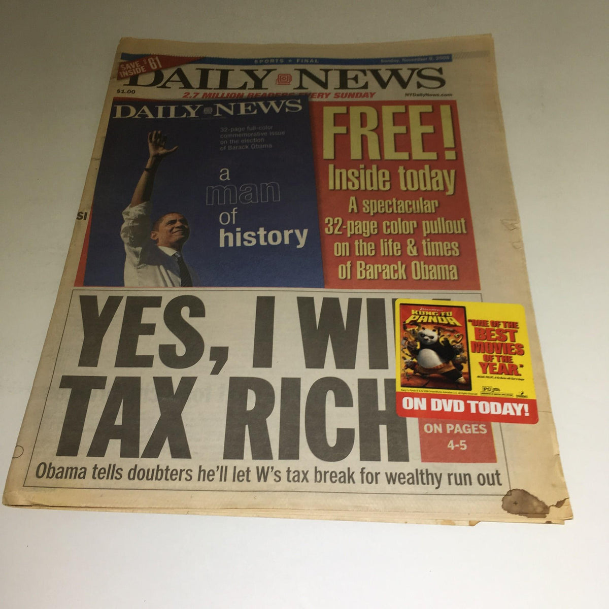 New York Daily News cover from Nov 9, 2008 titled 'A Man of History', featuring Barack Obama, with mention of his tax proposal and a color pullout about his life.