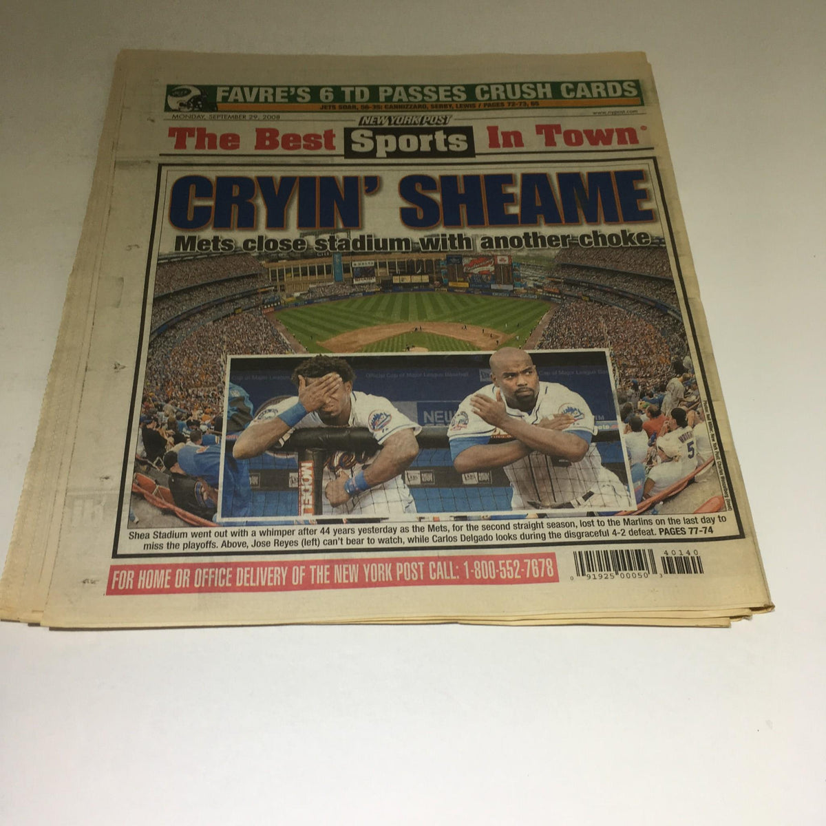 Front page of the New York Post from September 29, 2008, titled 'Cryin' Shame', showcasing the Mets' disappointment and a packed stadium.