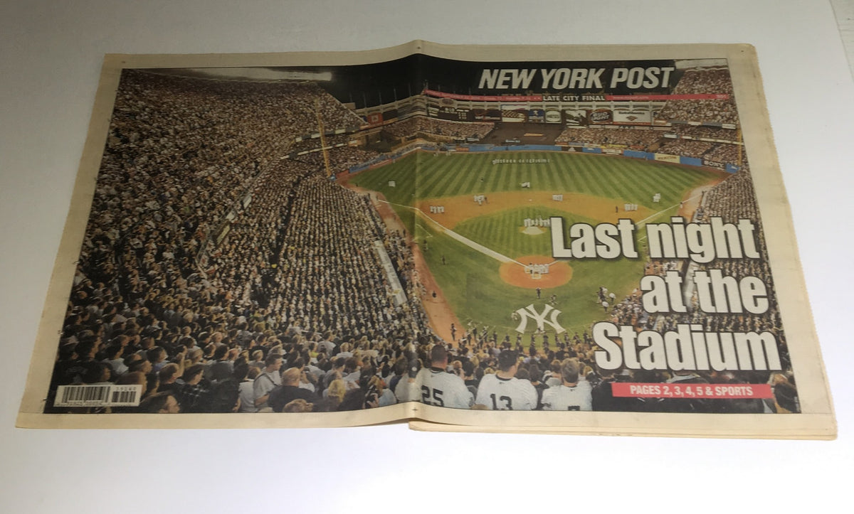 New York Post: Sept 22, 2008 Last Night at the Stadium cover showcasing a packed ballpark filled with fans, symbolizing the emotional finale of the stadium.