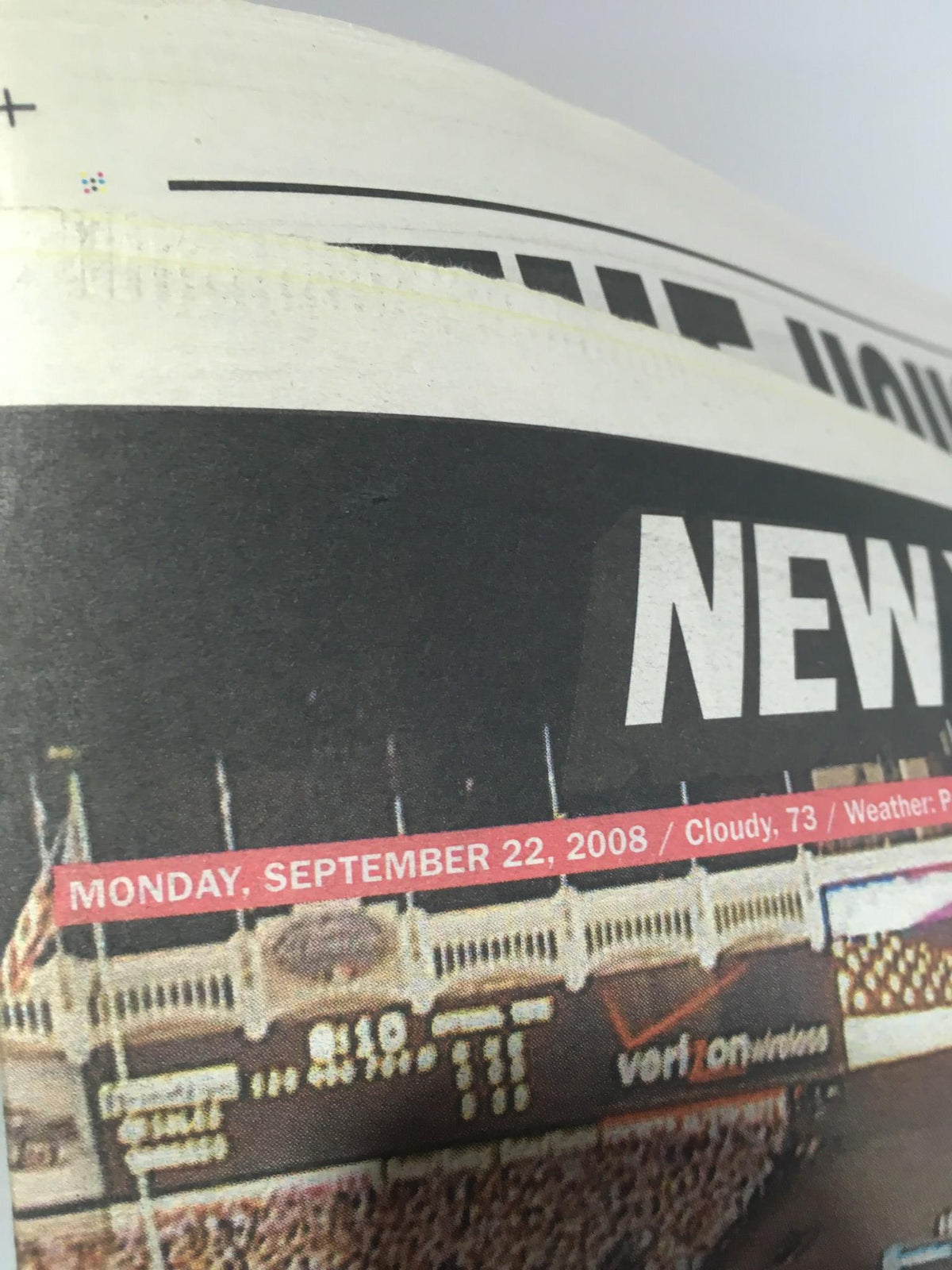 Close-up of the New York Post: Sept 22, 2008 Last Night at the Stadium, featuring the date and weather details at the top of the page.