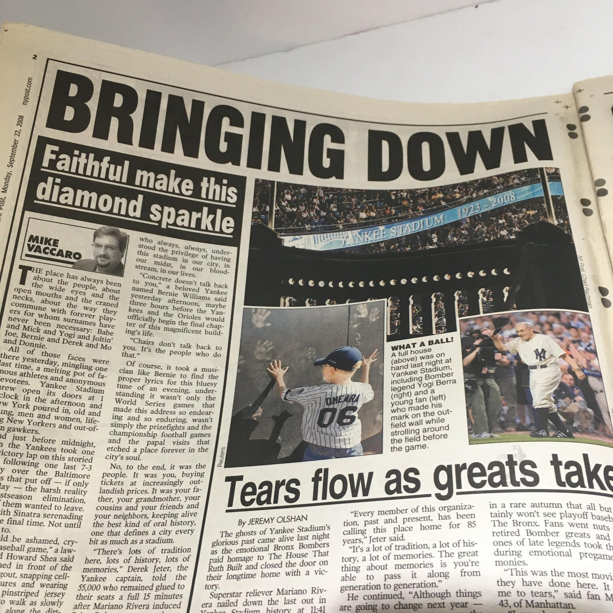 Inside page of 'New York Post: Sept 22, 2008 Last Night at the Stadium', highlighting an article about the emotional farewell at Yankee Stadium, with player tributes and memories.
