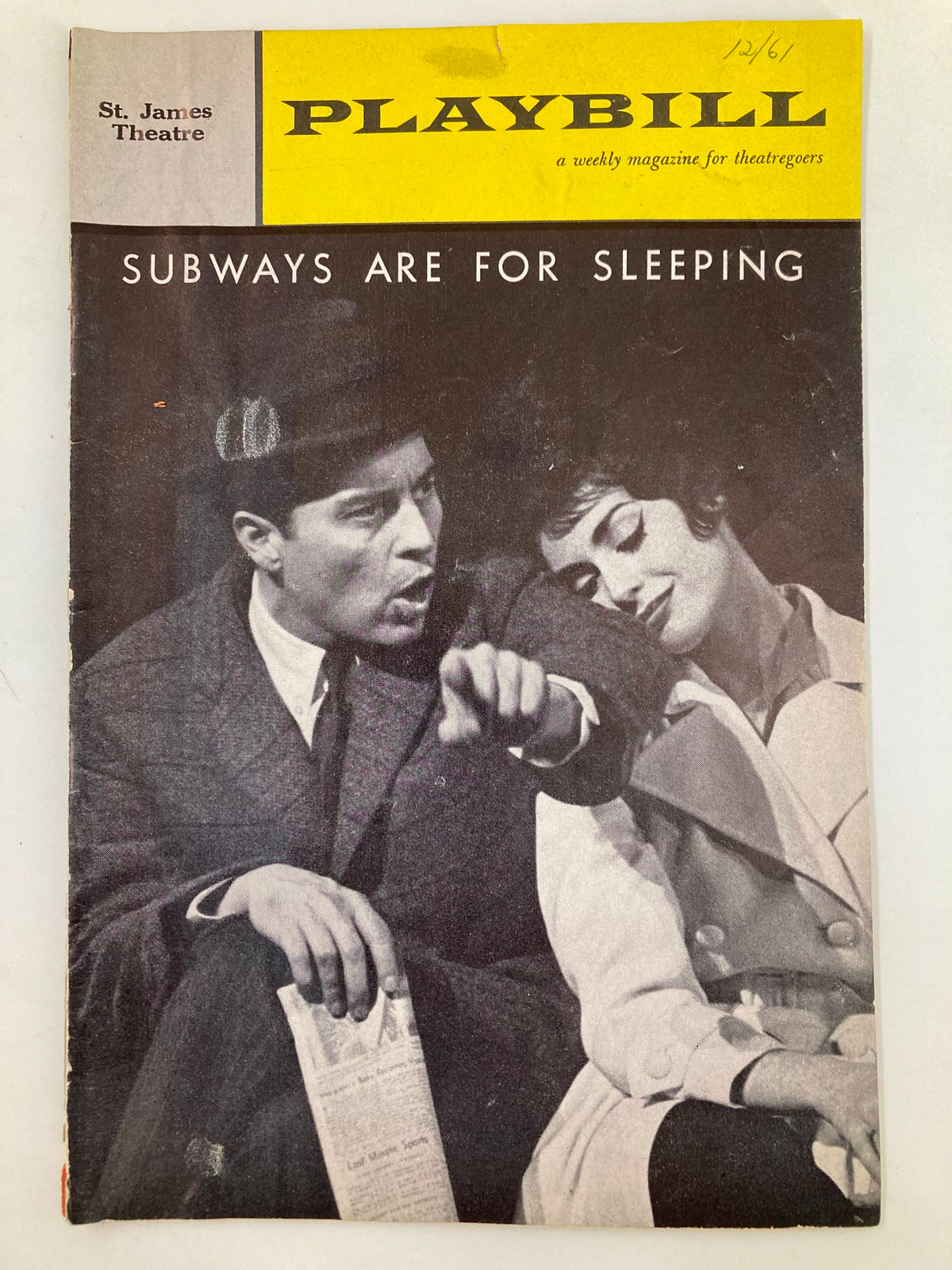 1961 Playbill titled 'Subways Are For Sleeping' from St. James Theatre, featuring a scene with two characters, showcasing vintage theatrical design.