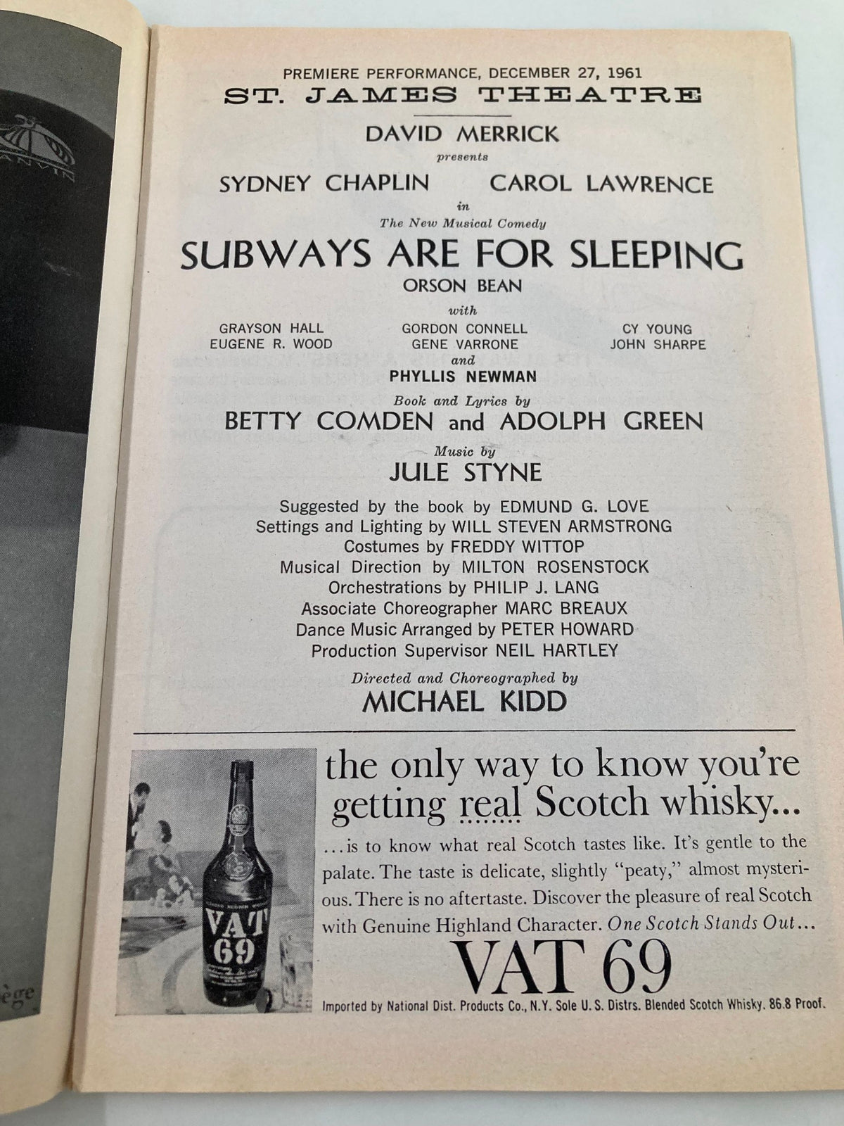 1961 Playbill from St. James Theatre featuring the musical Subways Are For Sleeping, showcasing cast and production details including David Merrick, Sydney Chaplin, and Carol Lawrence.