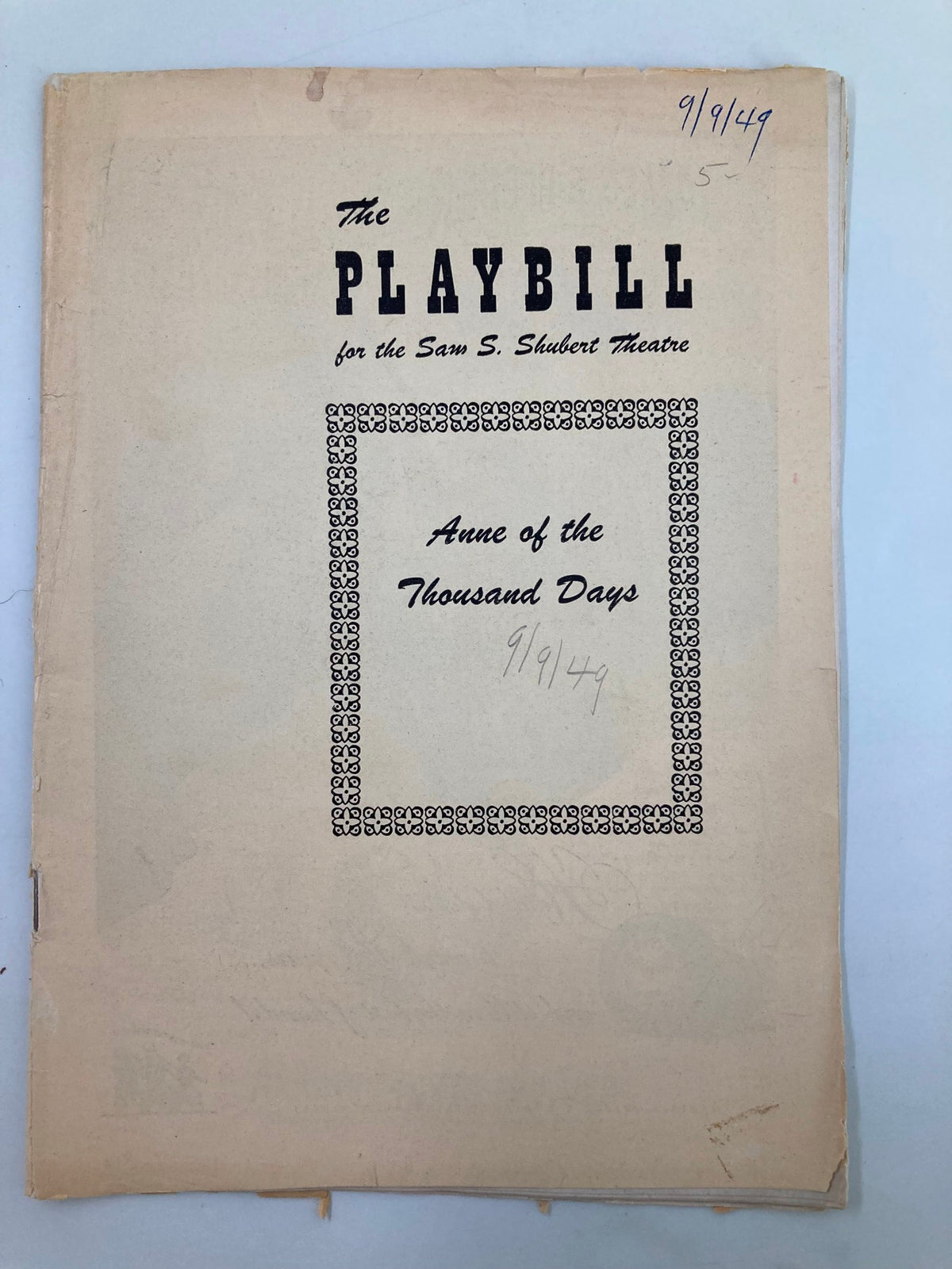 1949 Playbill for the Sam S. Shubert Theatre featuring the play 'Anne of the Thousand Days' by Red Harrison, showcasing vintage theatrical design and historical significance.