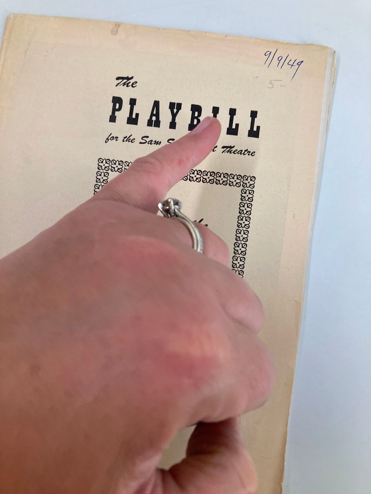 Close-up of the cover of a 1949 Playbill for the Sam S. Shubert Theatre, featuring the title 'Playbill' and the date 9/1/49, showcasing vintage theatrical memorabilia.