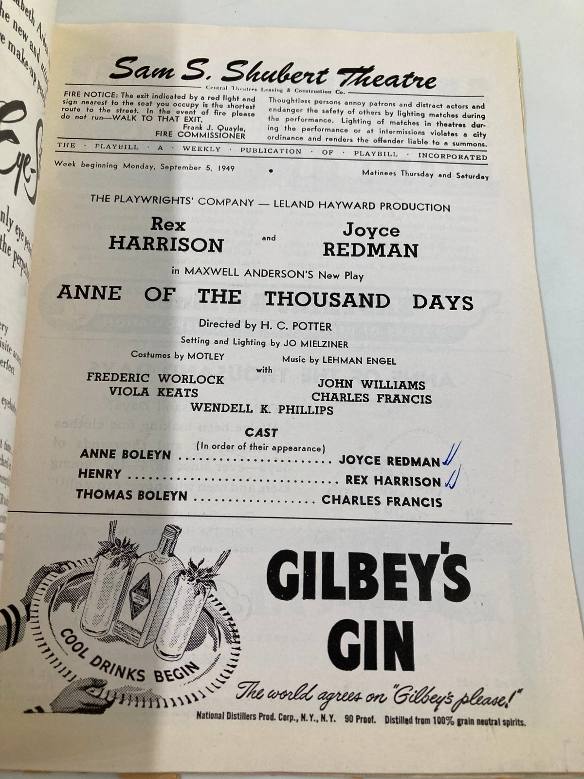 Interior page of a 1949 Playbill for the Sam S. Shubert Theatre, presenting the cast of 'Anne of the Thousand Days' led by Rex Harrison and Joyce Redman, essential for theatre history enthusiasts.