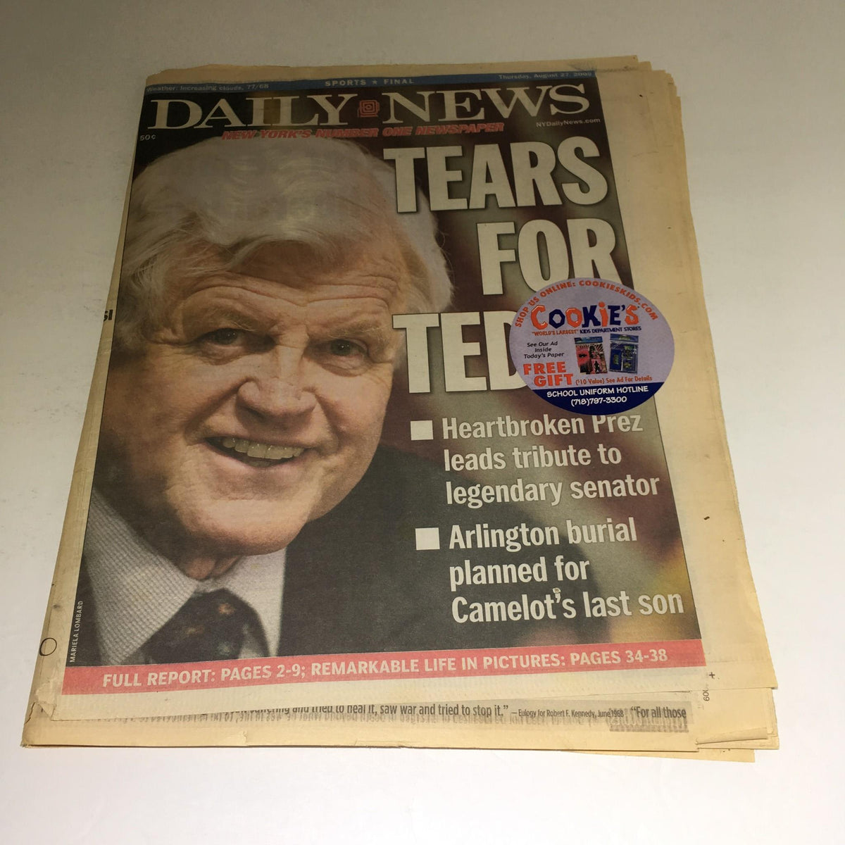 NY Daily News: August 2 2009 cover featuring a tribute to legendary senator Ted Kennedy with a smiling photo of him and text 'Tears For Ted'.
