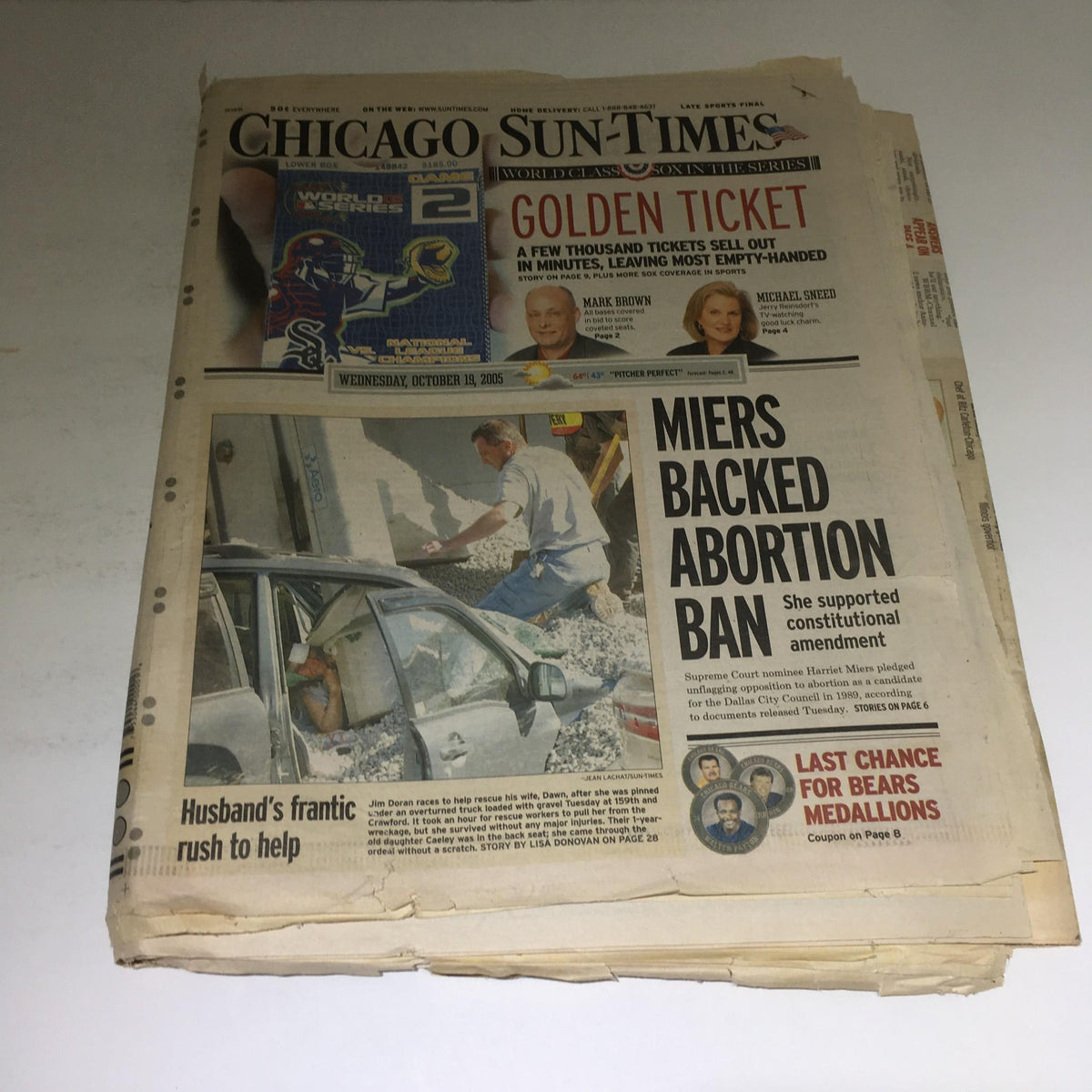 Chicago Sun-Times newspaper front page from October 19, 2005, featuring the headline 'Miers Backed Abortion Ban' alongside a related news story.