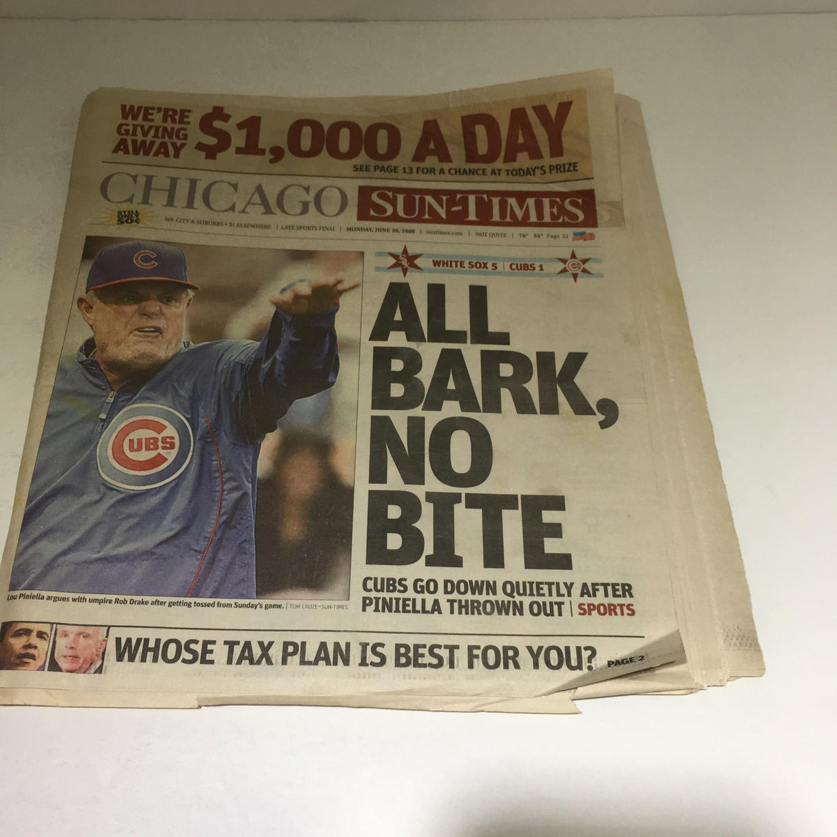 Chicago Sun-Times cover from June 30, 2008, titled 'All Bark, No Bite' featuring the Chicago Cubs and headlines about sports news.