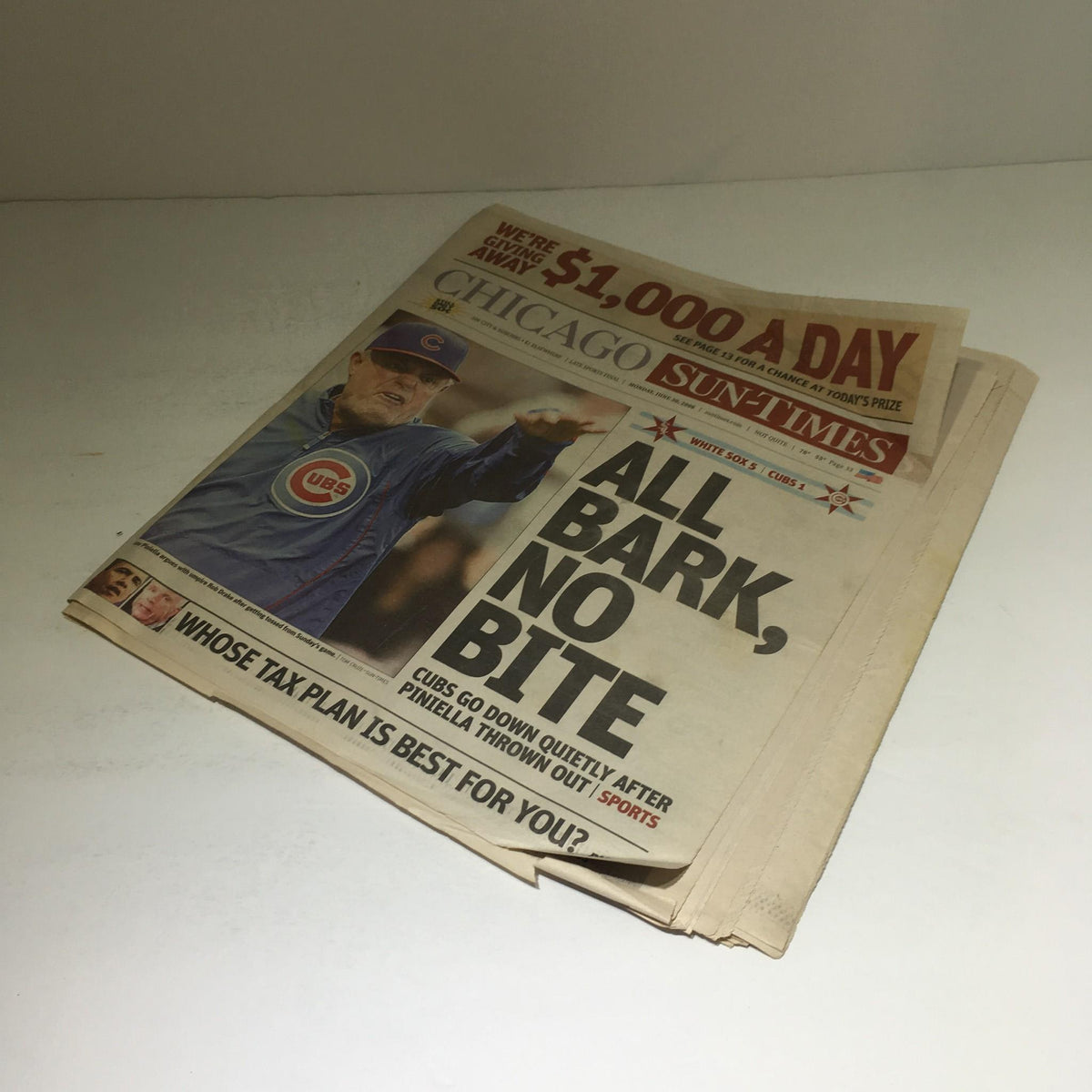 Chicago Sun-Times cover from June 30, 2008, featuring the headline 'All Bark, No Bite' with a sports-related image.
