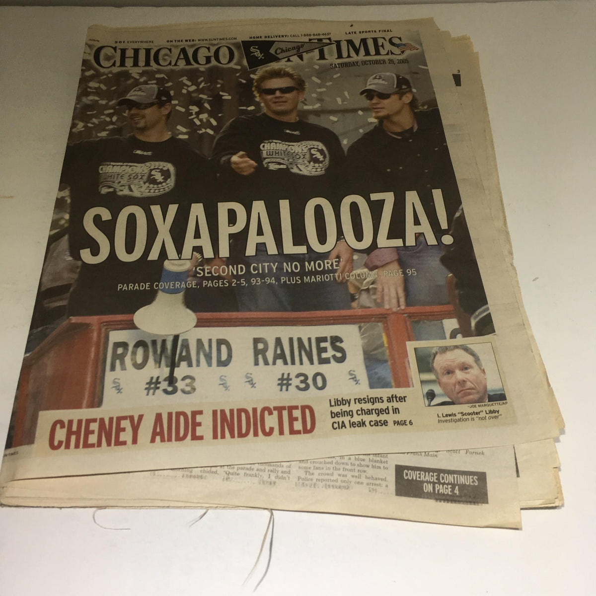 Chicago Sun-Times newspaper from October 29, 2005, featuring the headline 'SOXAPALOOZA! Second City No More,' celebrating the Chicago White Sox. The image shows fans in celebration during the parade.