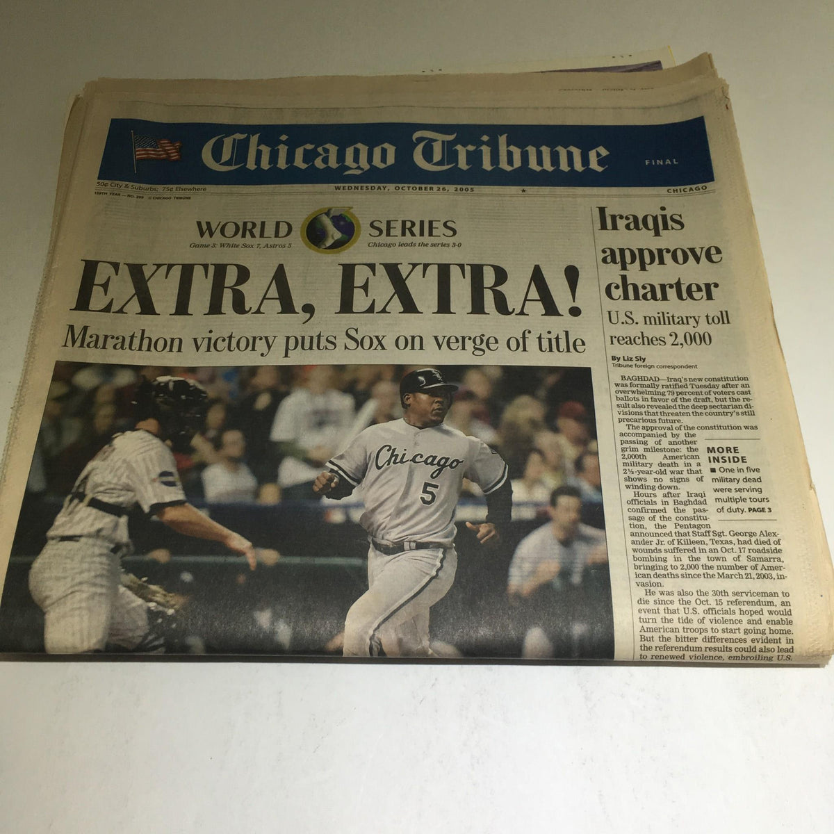 Front page of the Chicago Tribune from October 26, 2005, announcing 'EXTRA, EXTRA!' with a story titled 'Marathon Victory Puts Sox on Verge of Title World Series', reflecting a major sports milestone.