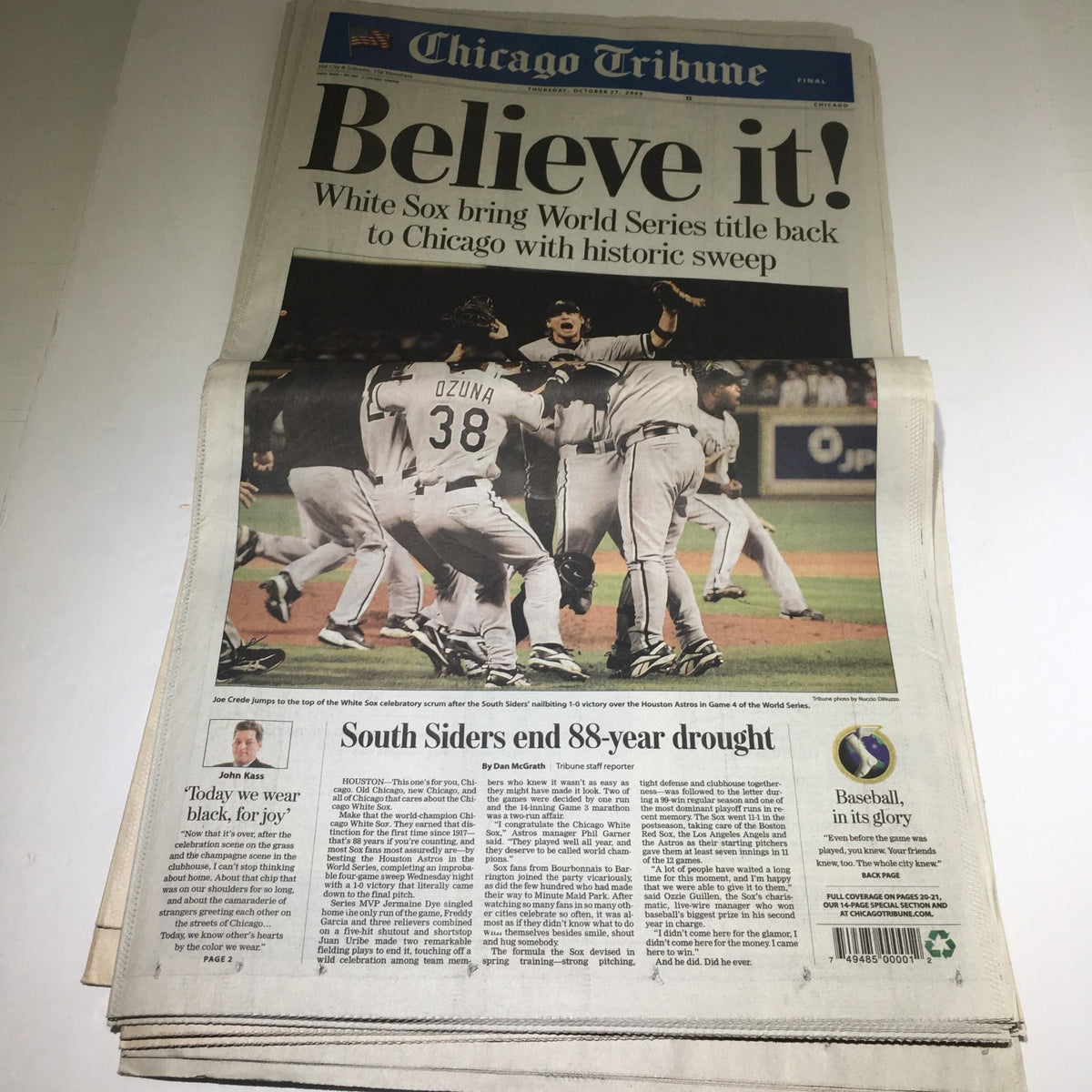 Chicago Tribune headline 'Believe it! White Sox bring World Series title back to Chicago with historic sweep' showcasing the winning moment and celebration of the White Sox.