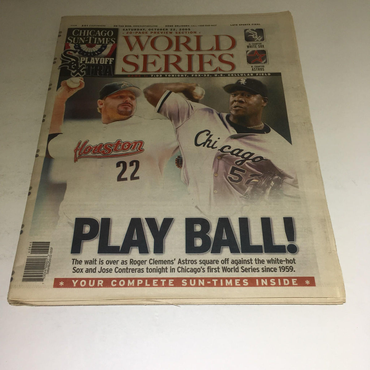 Chicago Sun-Times: Oct 22 2005 Play Ball! Chicago White Sox World Series cover showcasing players from Houston Astros and Chicago White Sox.