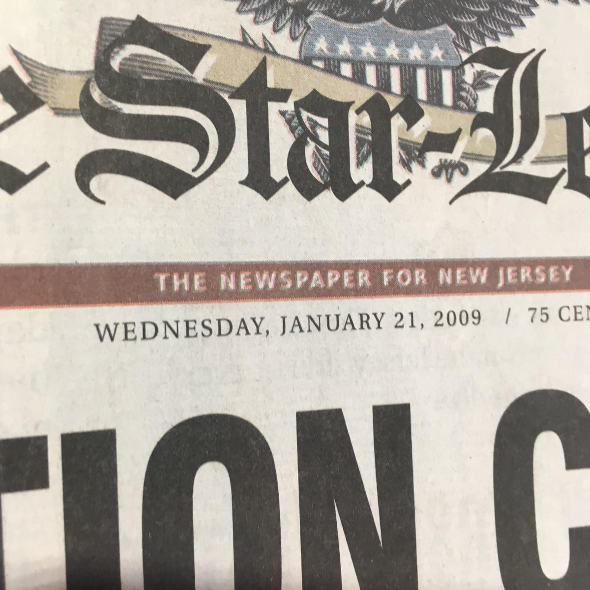 The Star Ledger, January 21, 2009, featuring the headline 'A Nation Cheers Its New Leader', with the date prominently displayed.