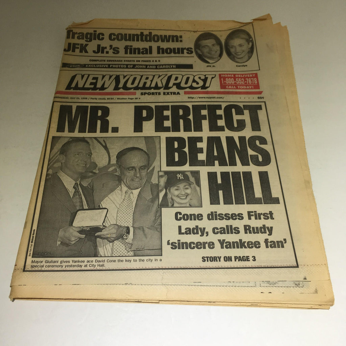 New York Post headline from July 21, 1999 featuring 'Mr. Perfect Beans Hill,' highlighting a ceremony where Mayor Giuliani presents Yankee ace David Cone the key to the city.