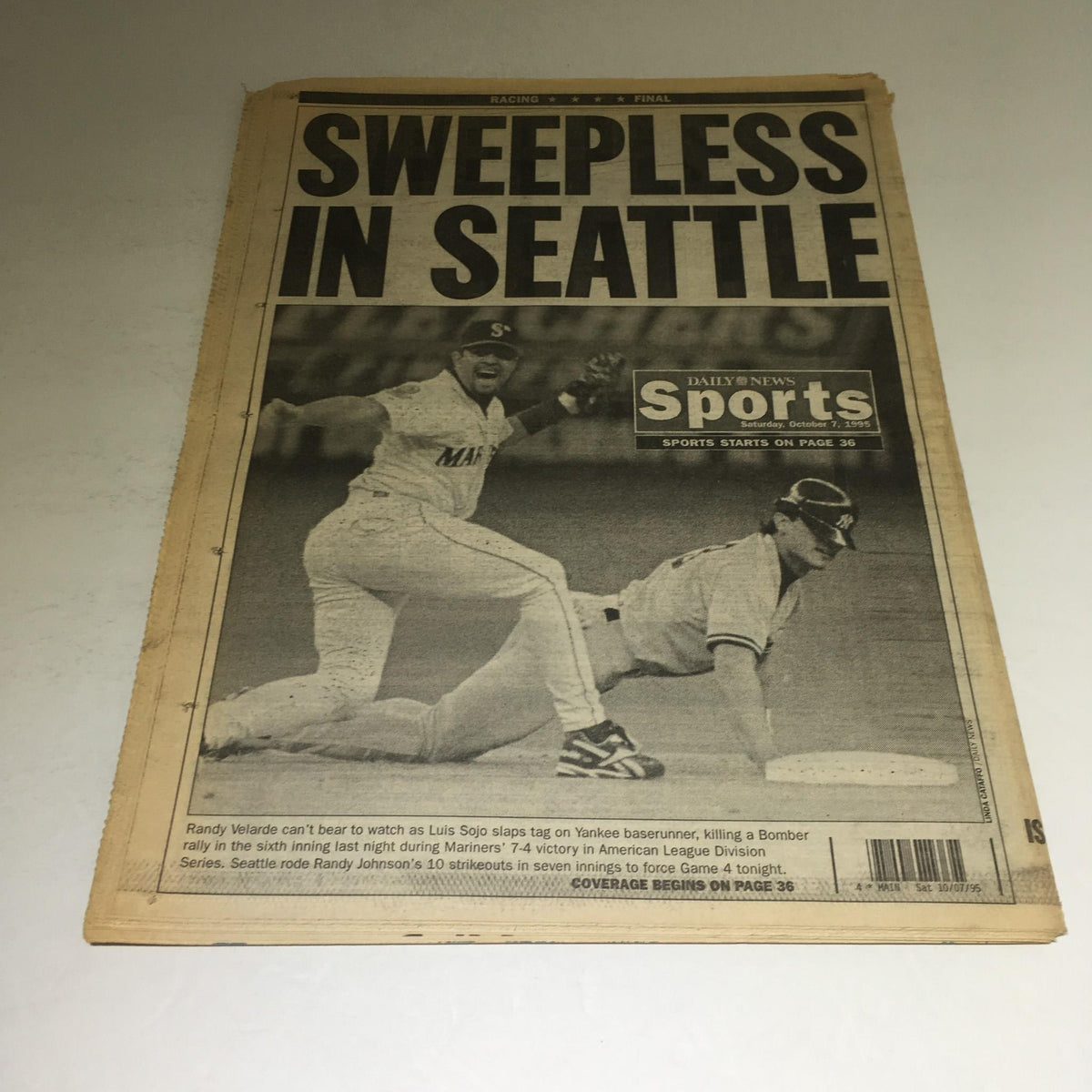 Sports section of NY Daily News from October 7, 1995, reporting on a game with the headline 'Swepless in Seattle'.