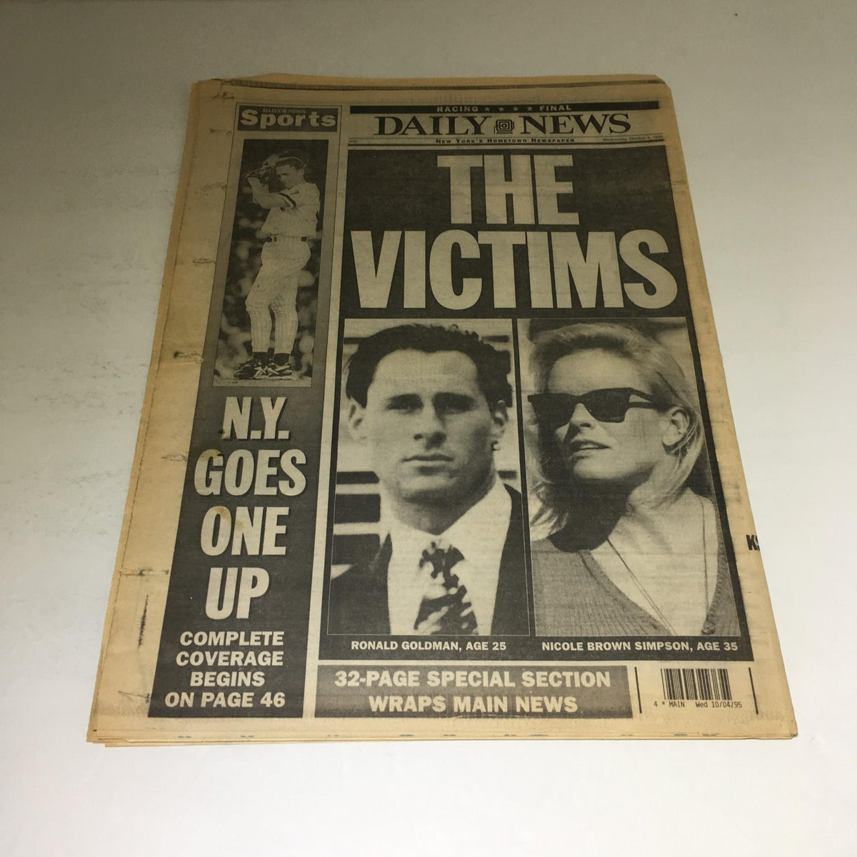New York Daily News front page titled 'THE VICTIMS' showcasing Ronald Goldman and Nicole Brown Simpson, part of the October 4, 1995 coverage of the O.J. Simpson trial.