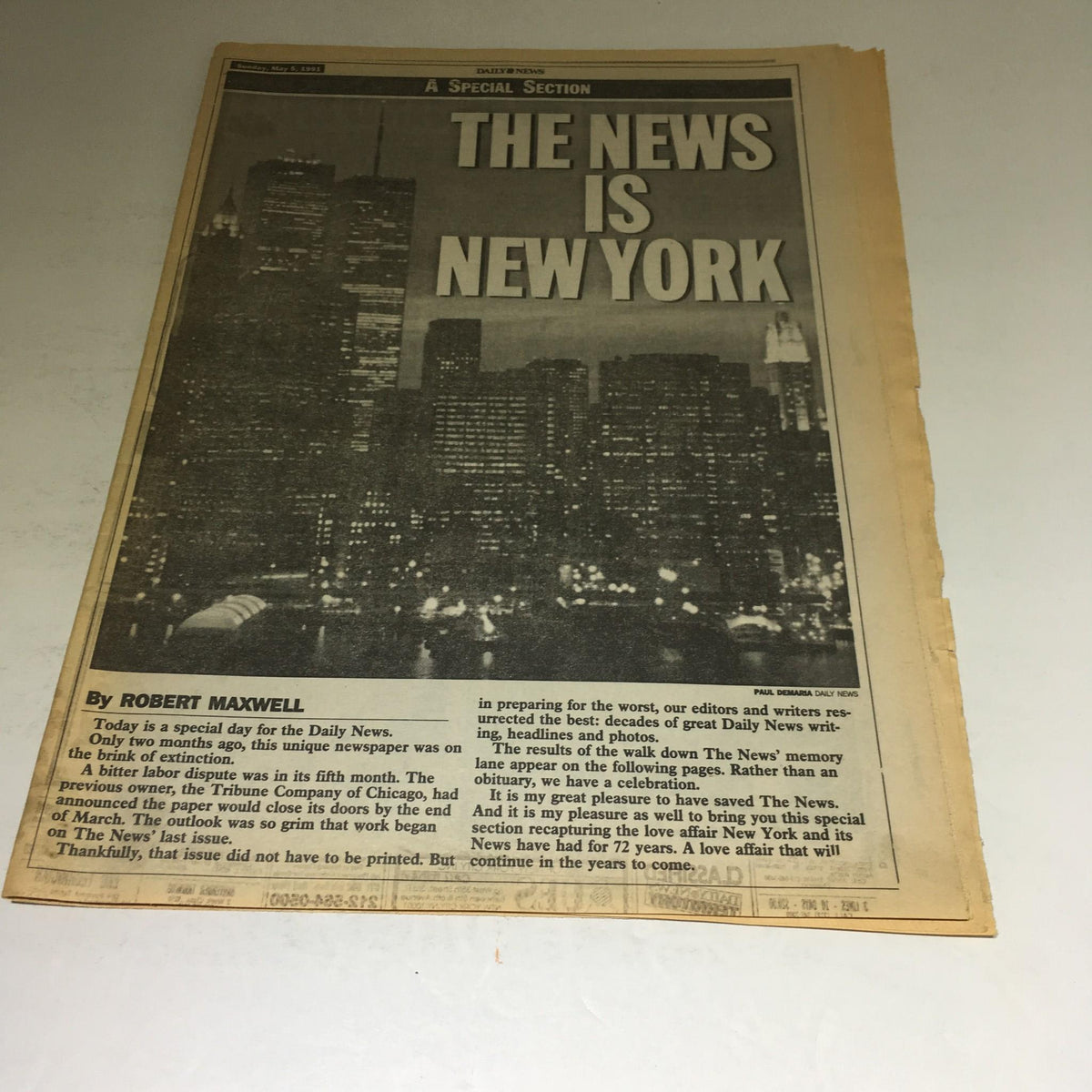 Vintage May 5, 1991 New York Daily News cover titled 'The News Is New York', showcasing a black and white image of New York City skyline at night.