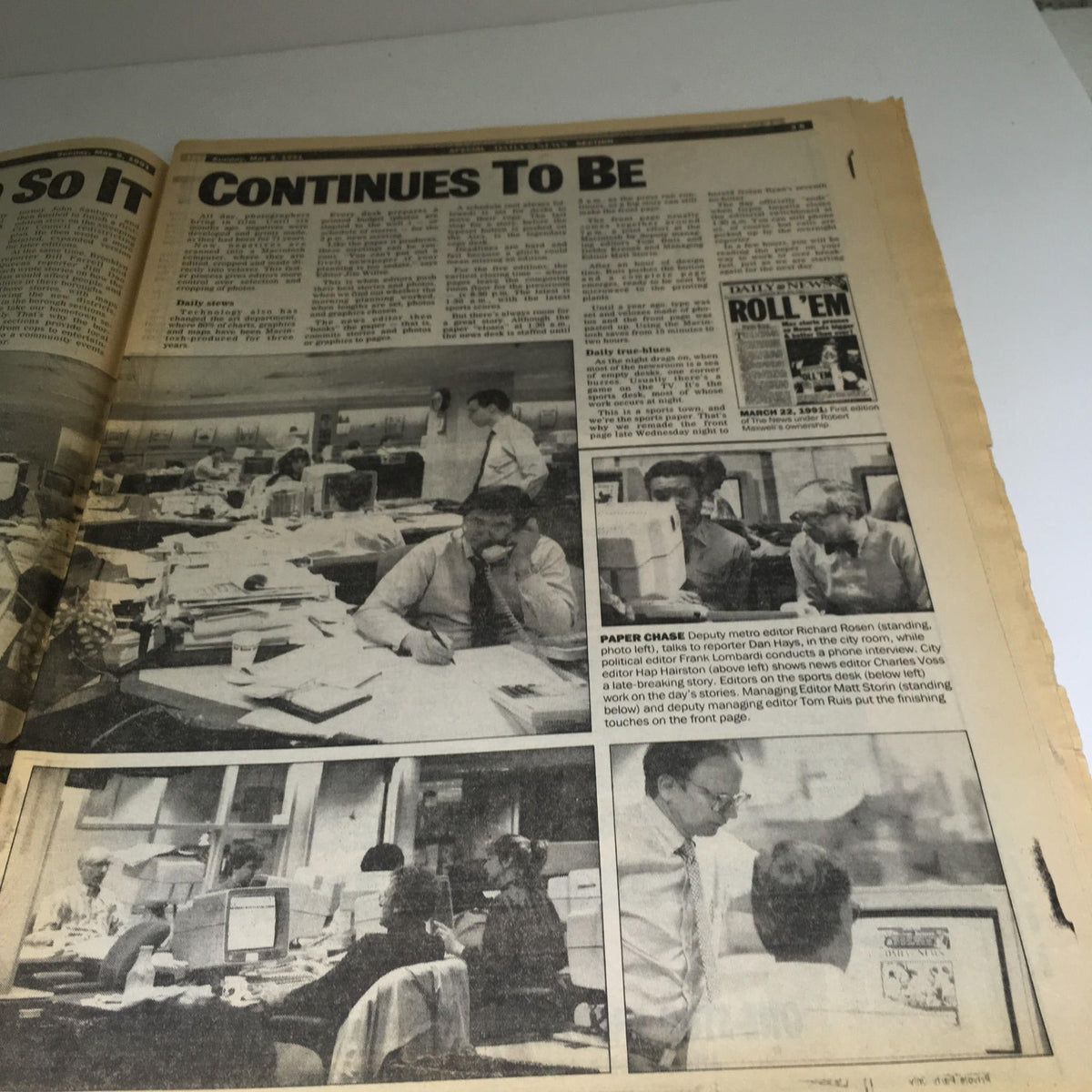 Another interior page of the New York Daily News, continuing the theme 'Continues To Be,' illustrating more details about the paper's newsroom activities in May 1991, showcasing the dedication of its staff.